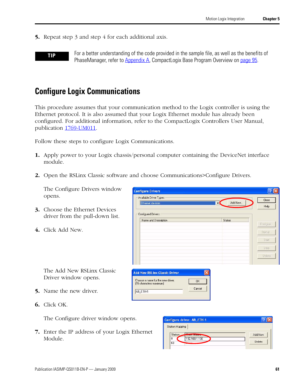 Configure logix communications, Configure logix, Communications | Rockwell Automation 2098 CompactLogix Indexing Motion Accelerator Toolkit Quick Start User Manual | Page 61 / 136