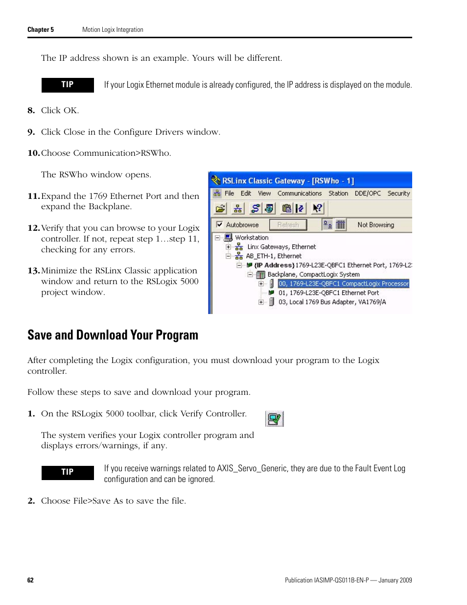 Save and download your program, Save and download, Your program | Rockwell Automation 2098 CompactLogix Indexing Motion Accelerator Toolkit Quick Start User Manual | Page 62 / 136