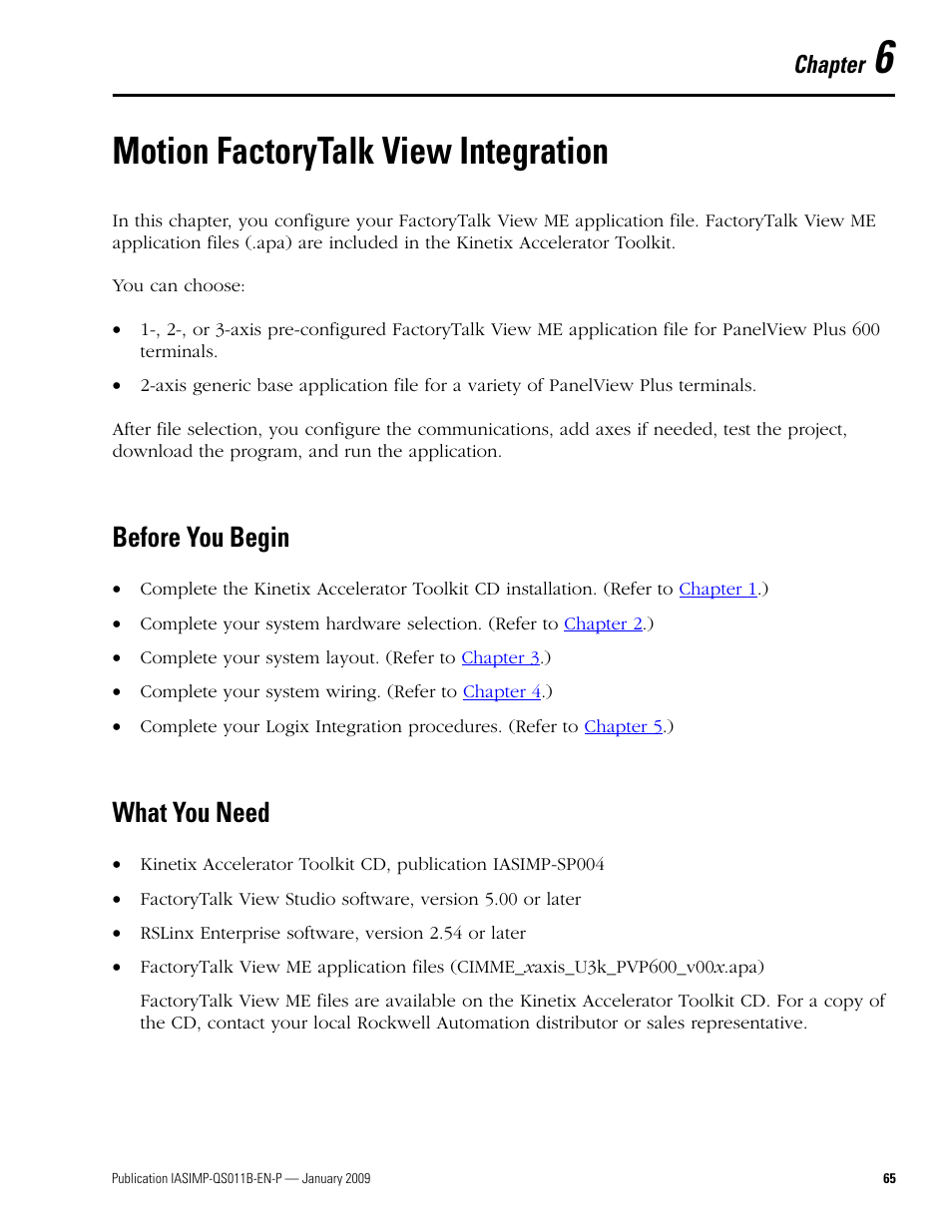 Chapter 6 - motion factorytalk view integration, Before you begin, What you need | Chapter 6, Motion factorytalk view integration, Before you begin what you need, Chapter | Rockwell Automation 2098 CompactLogix Indexing Motion Accelerator Toolkit Quick Start User Manual | Page 65 / 136