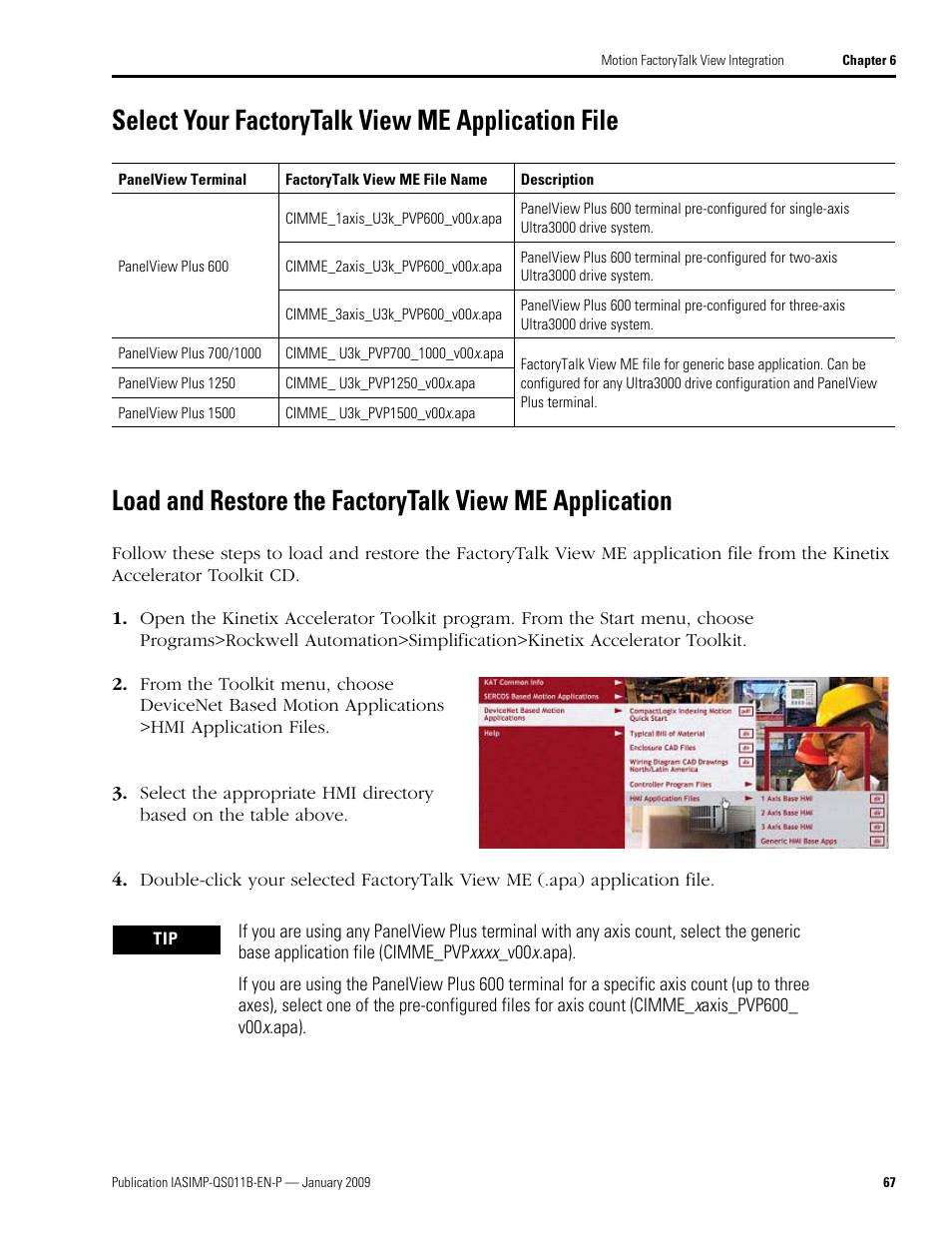 Select your factorytalk view me application file, Load and restore the, Factorytalk view me | Application, Select your factorytalk, View me application file | Rockwell Automation 2098 CompactLogix Indexing Motion Accelerator Toolkit Quick Start User Manual | Page 67 / 136