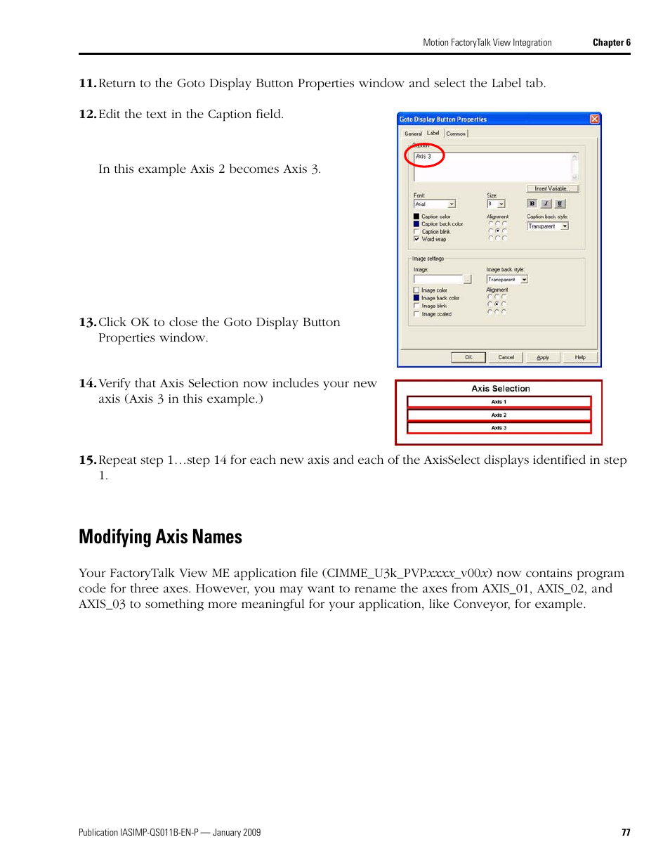 Modifying axis names, Is section and go to, Beginning on | Rockwell Automation 2098 CompactLogix Indexing Motion Accelerator Toolkit Quick Start User Manual | Page 77 / 136