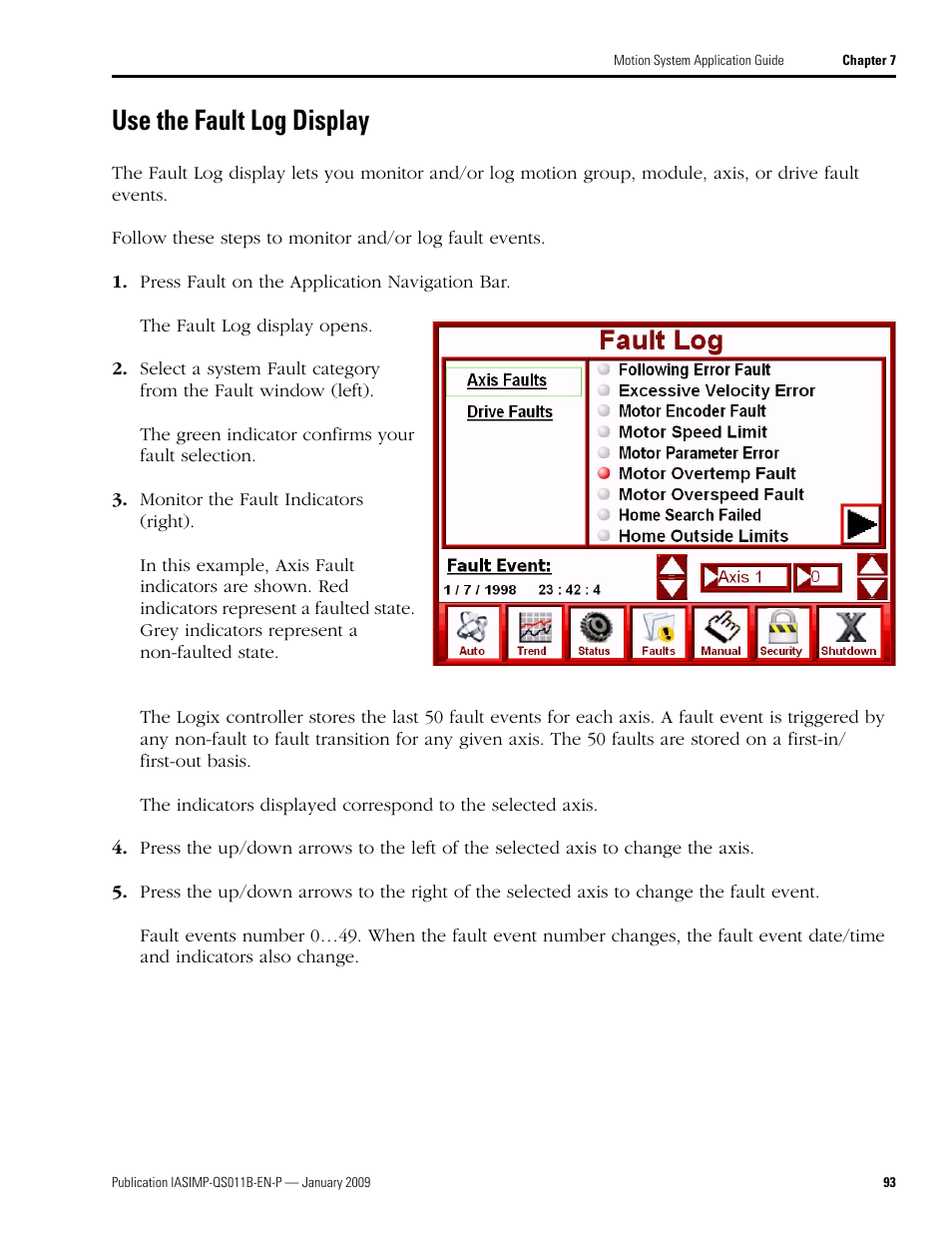 Use the fault log display, Use the fault log, Display | Rockwell Automation 2098 CompactLogix Indexing Motion Accelerator Toolkit Quick Start User Manual | Page 93 / 136