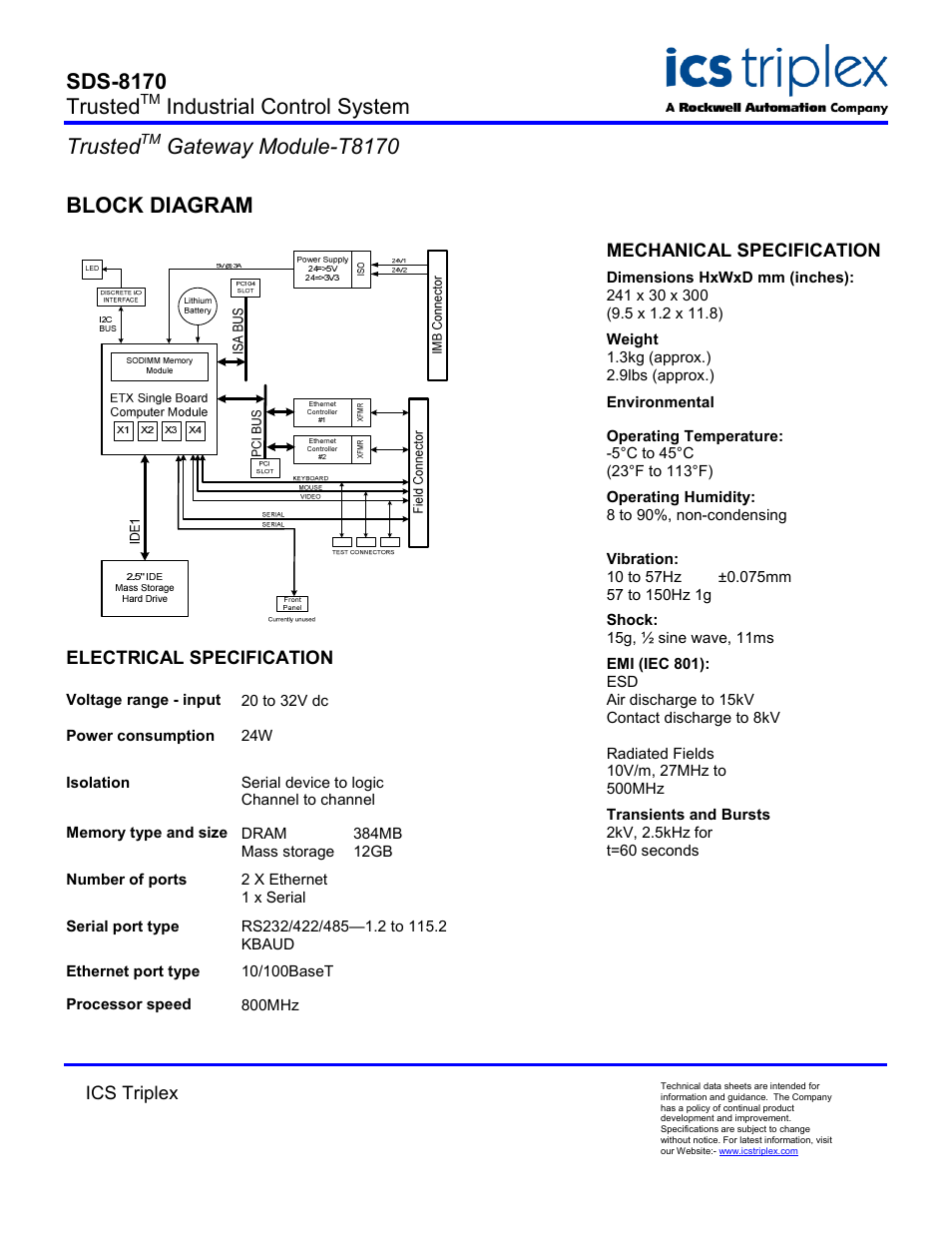 Block diagram, Electrical specification, Sds-8170 trusted | Industrial control system trusted, Gateway module-t8170 | Rockwell Automation T8170 Trusted Gateway Module User Manual | Page 2 / 2