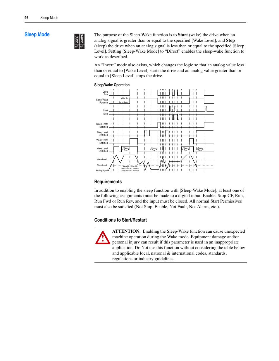 Sleep mode, Requirements, Conditions to start/restart | 96 sleep mode, Sleep/wake operation | Rockwell Automation 20A PowerFlex 70EC/700VC User Manual | Page 100 / 170