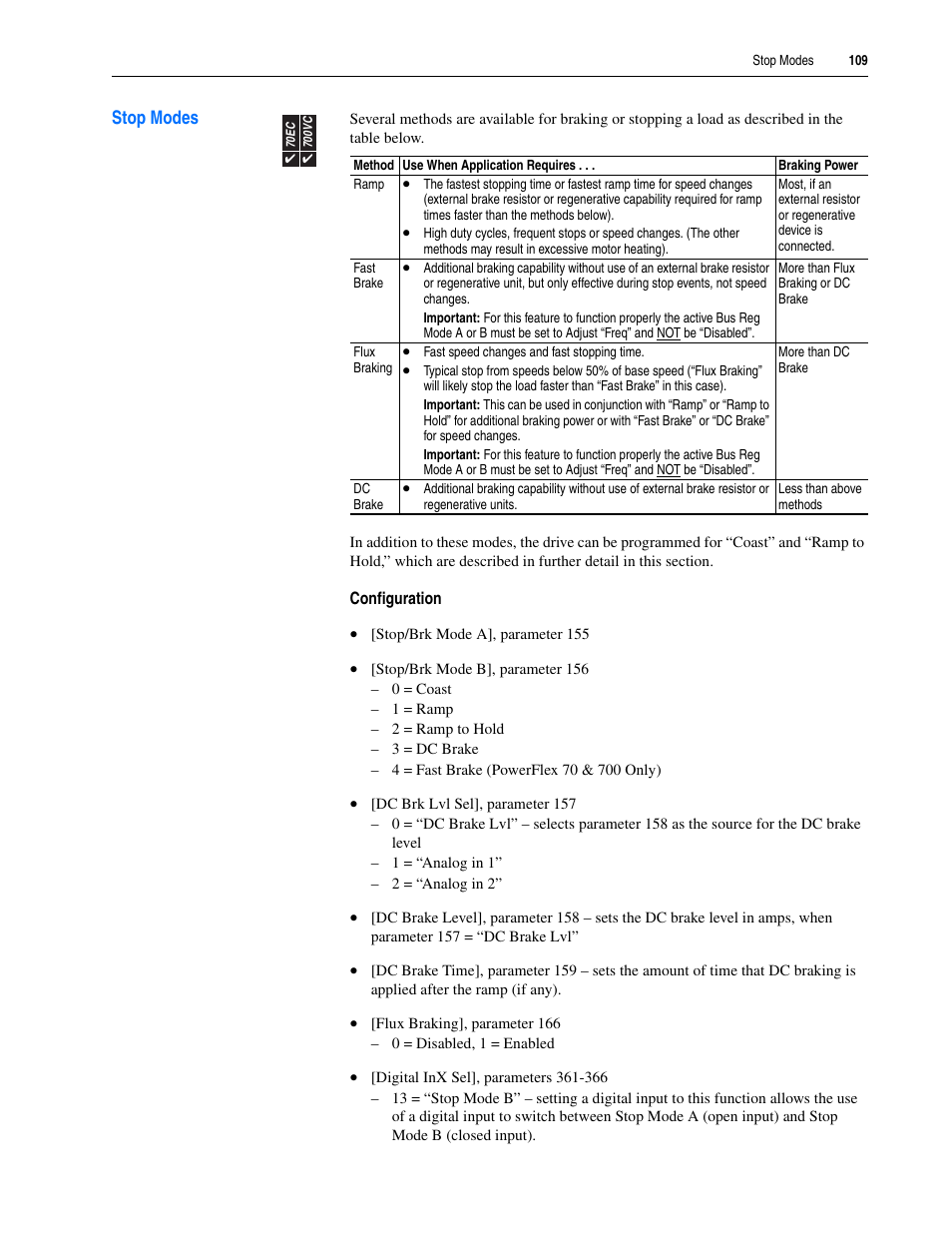 Stop modes, Also "stop modes" on, Stop modes" on | Rockwell Automation 20A PowerFlex 70EC/700VC User Manual | Page 113 / 170