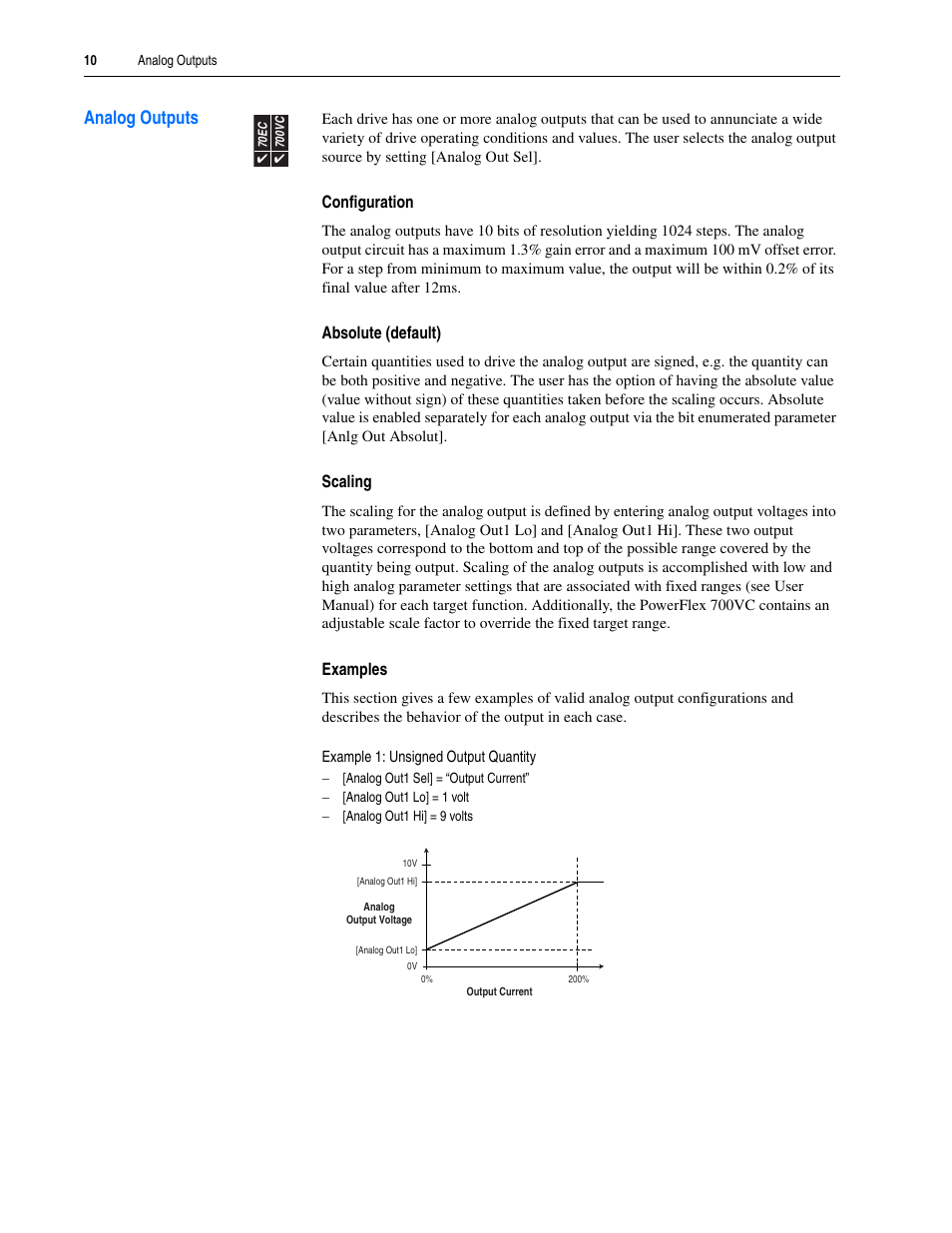 Analog outputs, Configuration, Absolute (default) | Scaling, Examples | Rockwell Automation 20A PowerFlex 70EC/700VC User Manual | Page 14 / 170