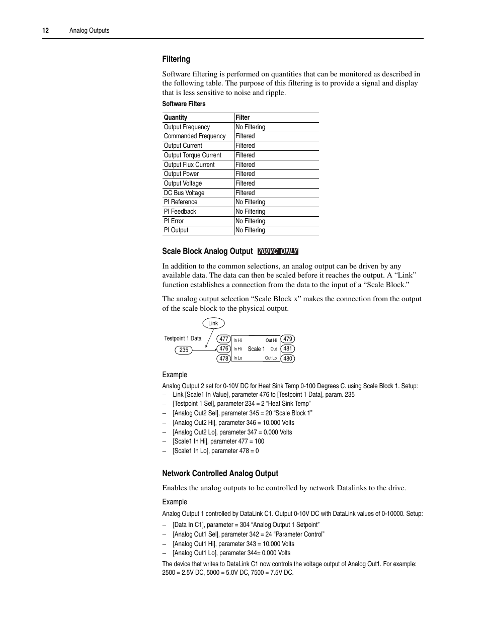 Filtering, Scale block analog output, Network controlled analog output | Rockwell Automation 20A PowerFlex 70EC/700VC User Manual | Page 16 / 170
