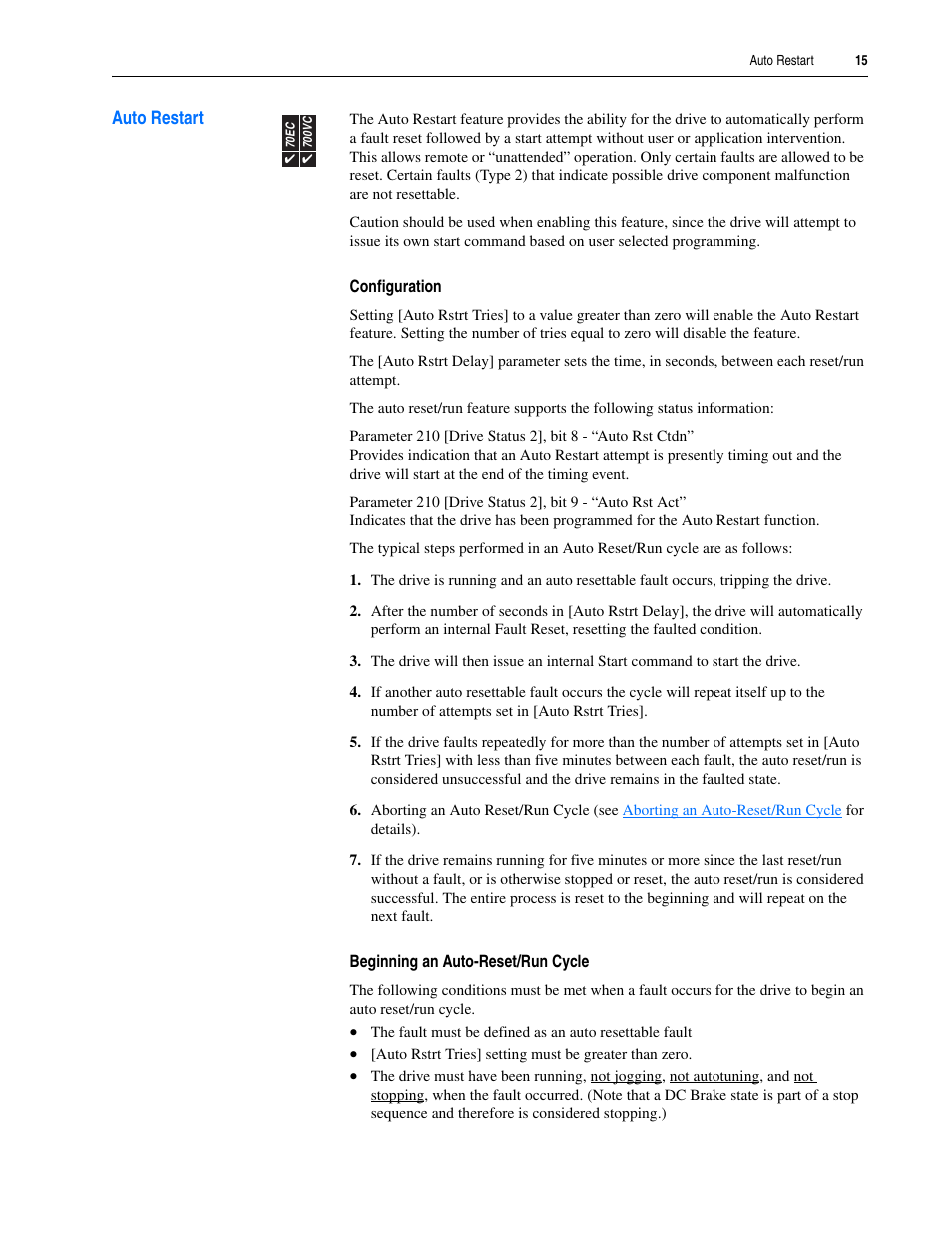 Auto restart | Rockwell Automation 20A PowerFlex 70EC/700VC User Manual | Page 19 / 170