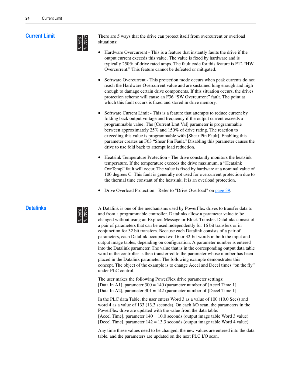 Current limit, Datalinks, Current limit datalinks | Rockwell Automation 20A PowerFlex 70EC/700VC User Manual | Page 28 / 170