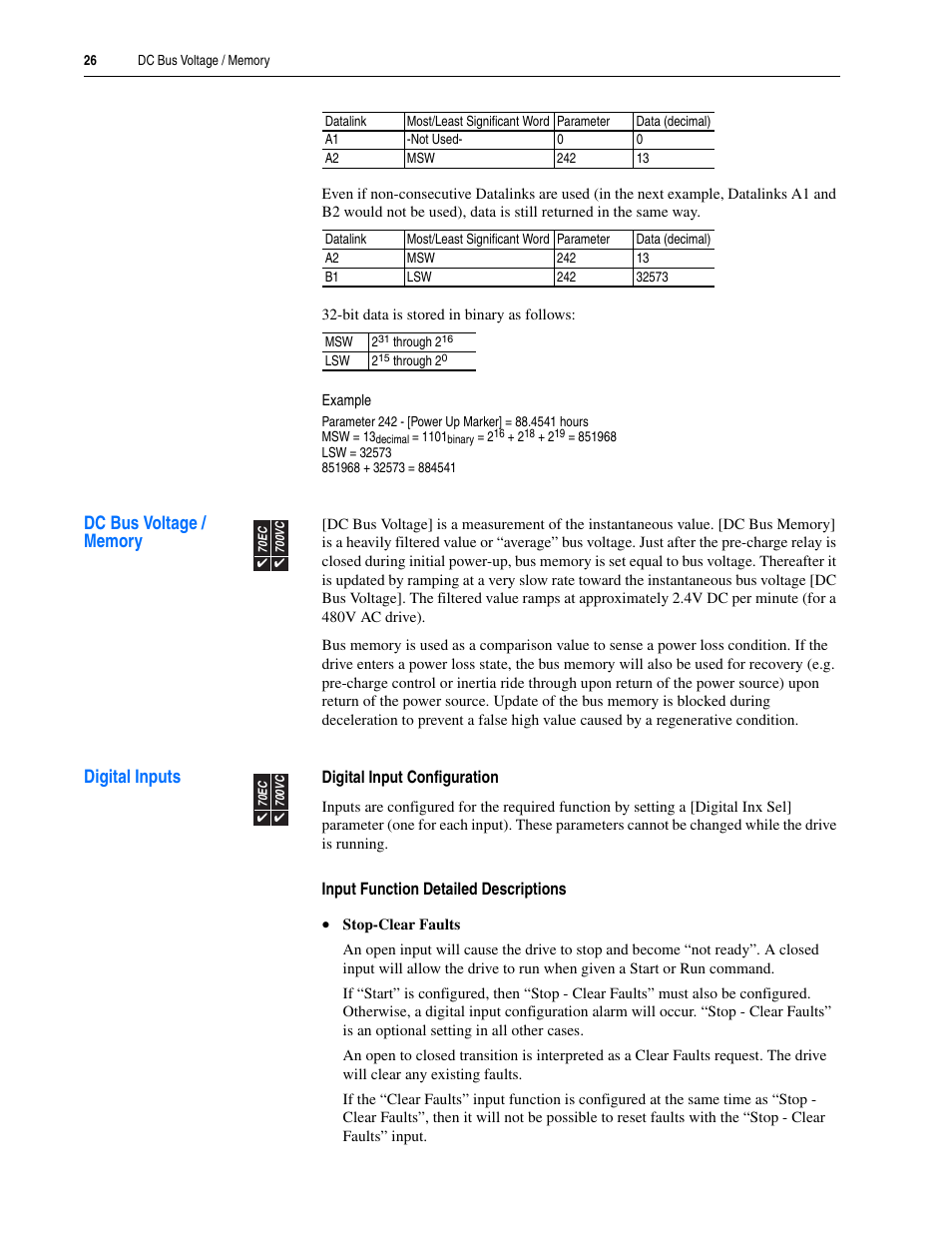 Dc bus voltage / memory, Digital inputs, Dc bus voltage / memory digital inputs | Rockwell Automation 20A PowerFlex 70EC/700VC User Manual | Page 30 / 170