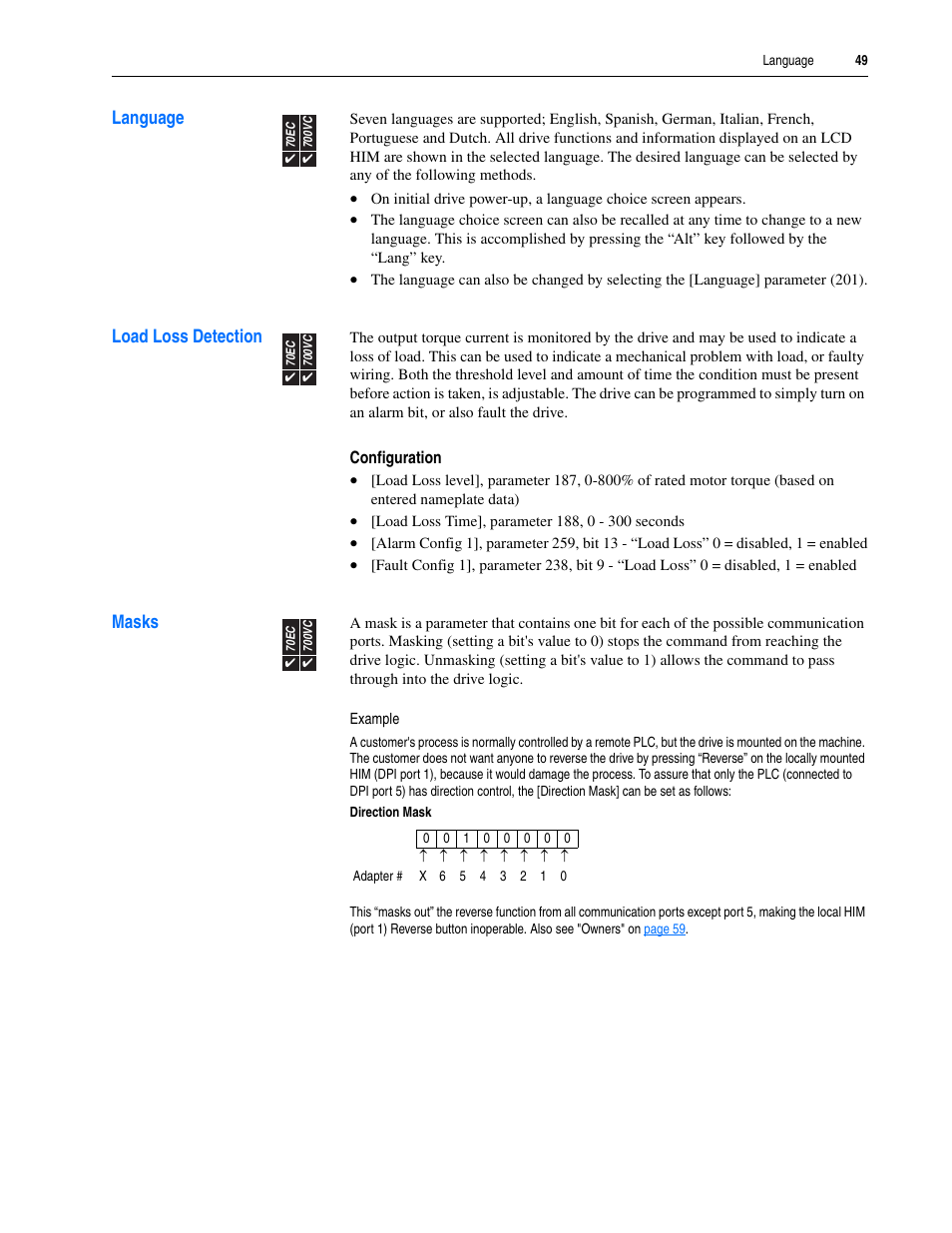 Language, Load loss detection, Masks | Language load loss detection masks | Rockwell Automation 20A PowerFlex 70EC/700VC User Manual | Page 53 / 170