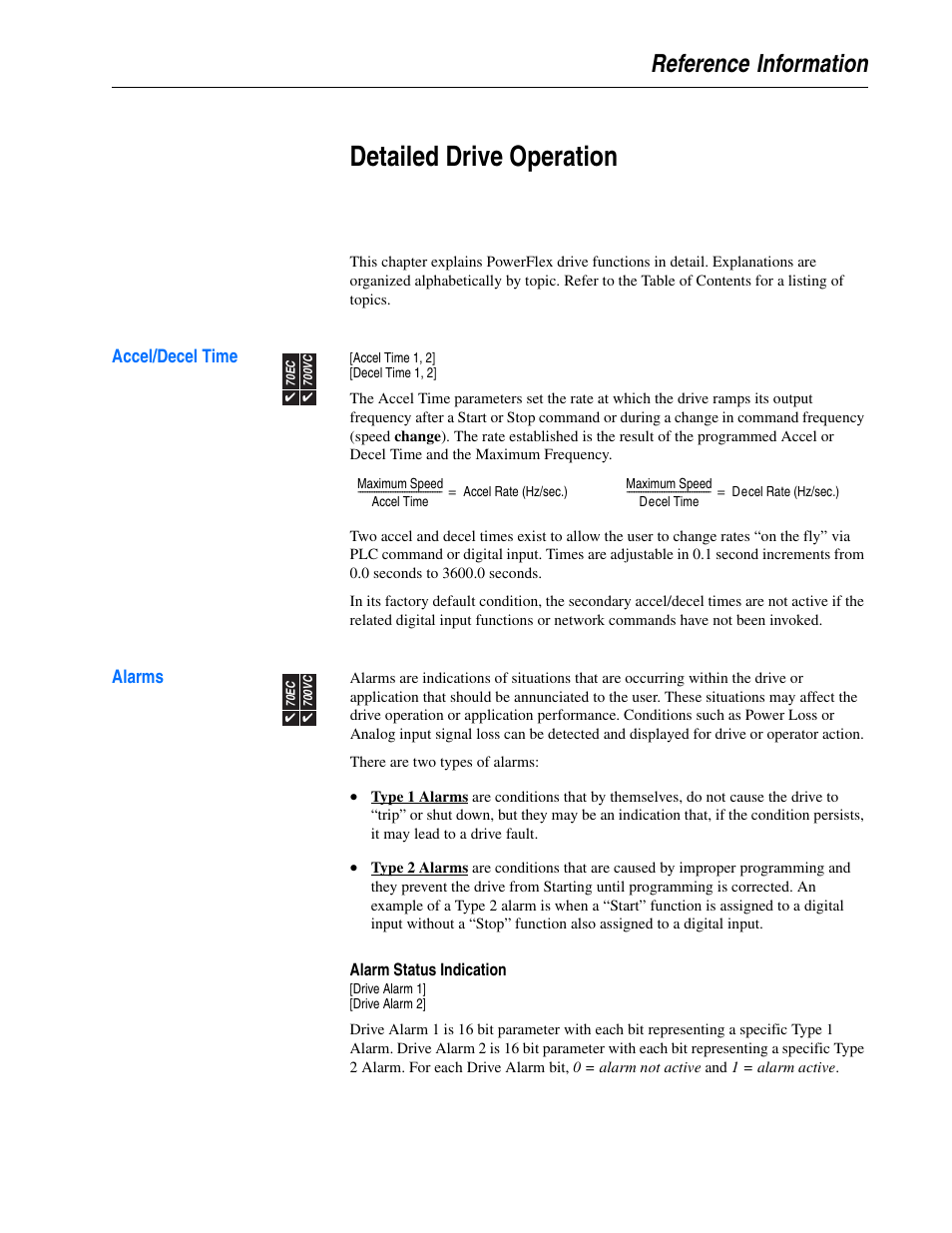 Reference information, Detailed drive operation, Accel/decel time | Alarms, Accel/decel time alarms | Rockwell Automation 20A PowerFlex 70EC/700VC User Manual | Page 7 / 170