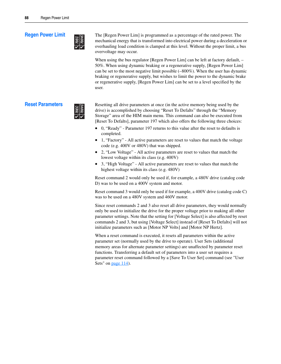 Regen power limit, Reset parameters, Regen power limit reset parameters | Rockwell Automation 20A PowerFlex 70EC/700VC User Manual | Page 92 / 170