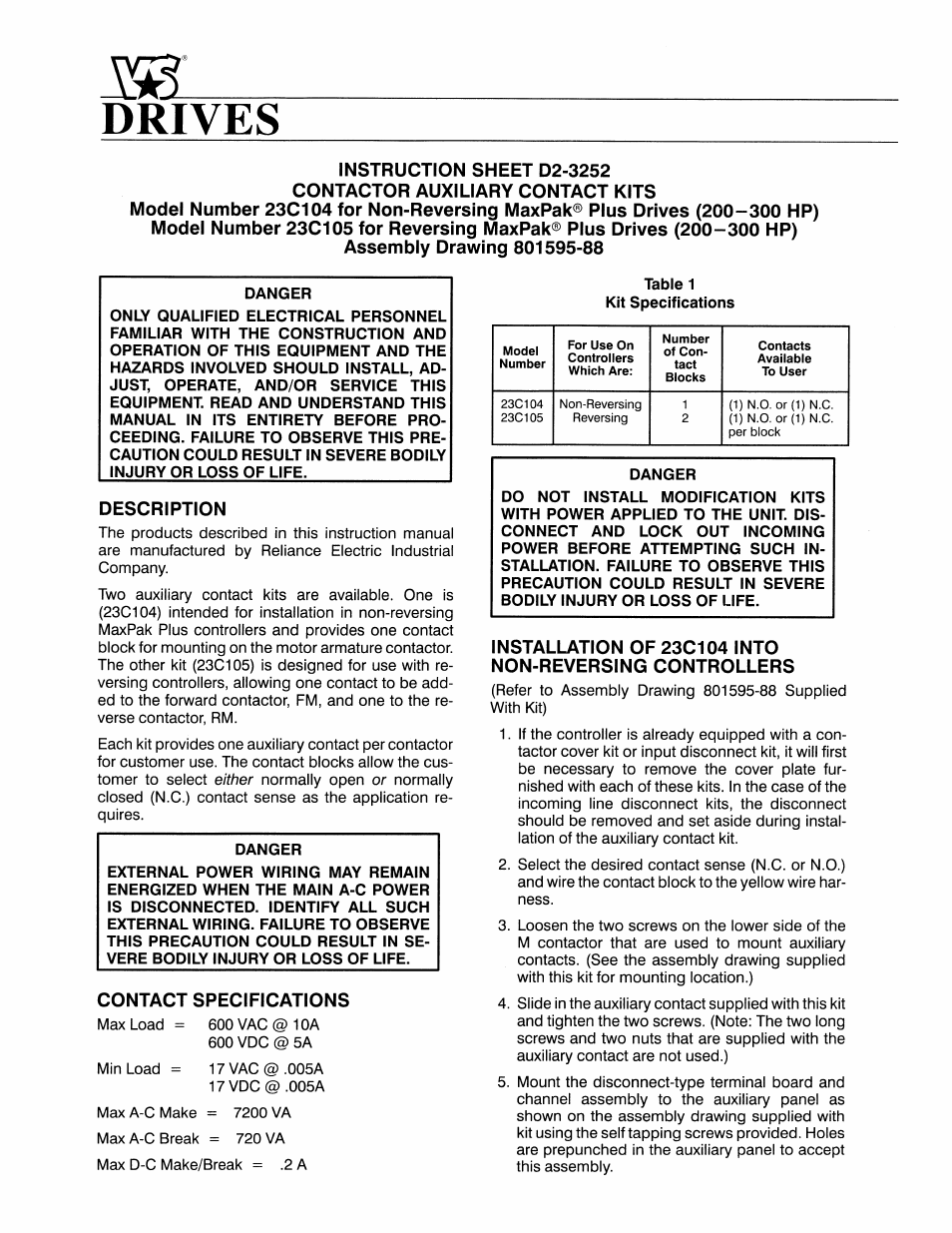 Rockwell Automation MaxPak Plus Contactor Auxiliary Contact Kits, 23C104 R/NR 200-300 HP User Manual | 4 pages