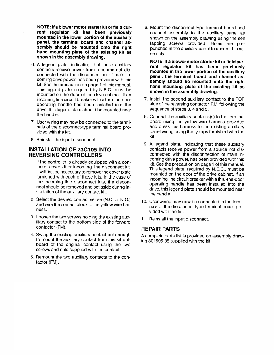 Installation of 23c105 into reversing controllers, Repair parts, Back cover | Rockwell Automation MaxPak Plus Contactor Auxiliary Contact Kits, 23C104 R/NR 200-300 HP User Manual | Page 2 / 4