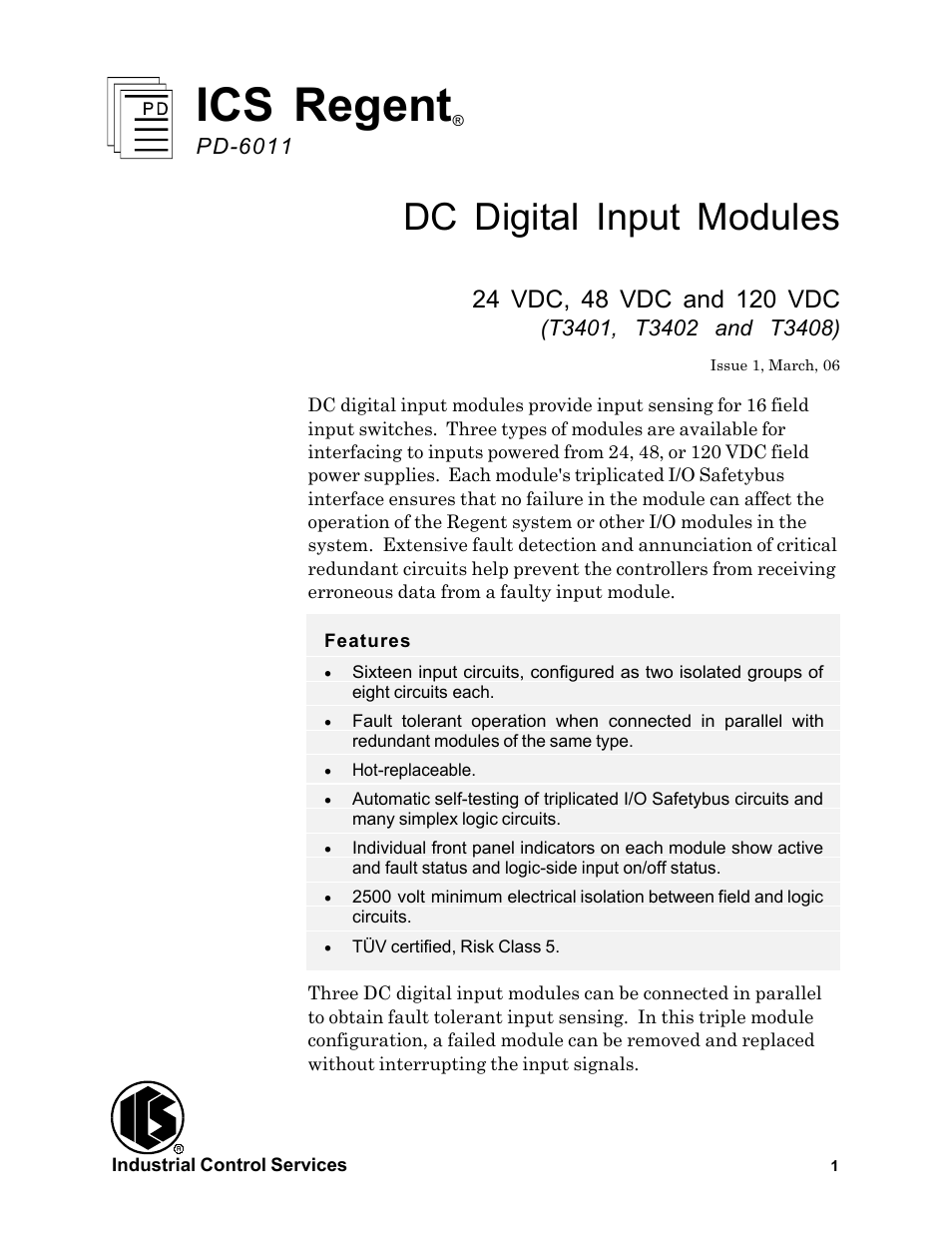 Rockwell Automation T3408 ICS Regent DC Digital Input Modules User Manual | 16 pages