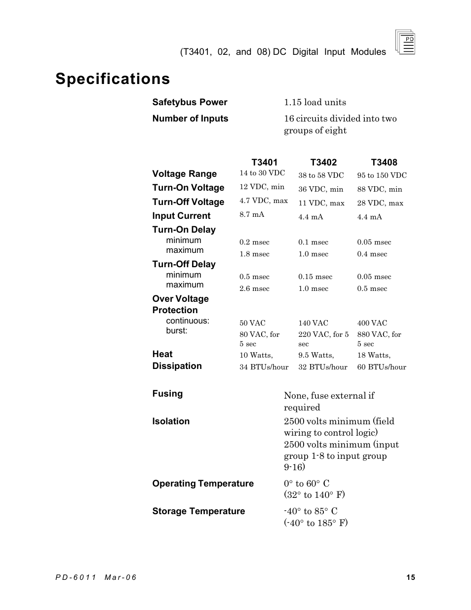 Specifications | Rockwell Automation T3408 ICS Regent DC Digital Input Modules User Manual | Page 15 / 16