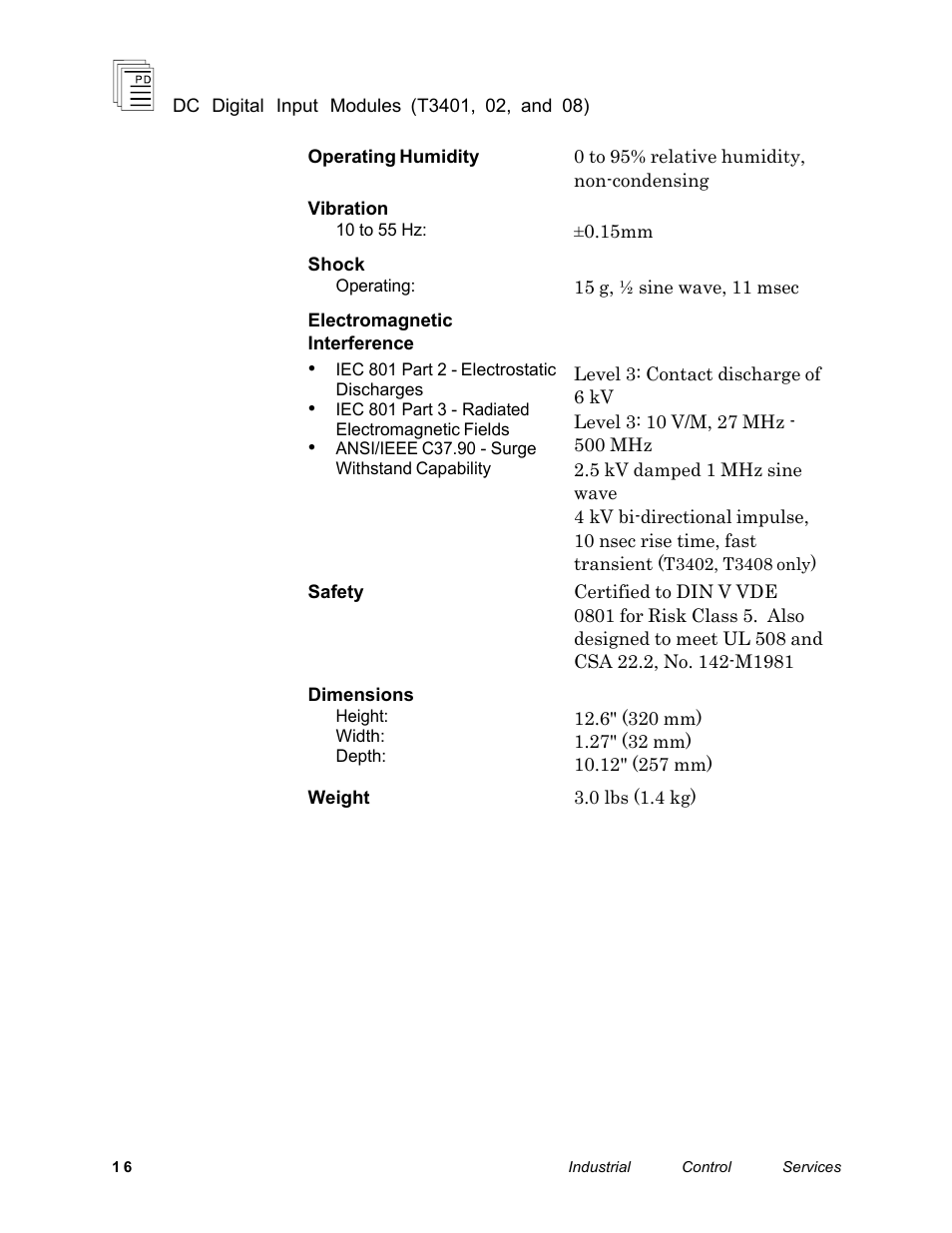 Rockwell Automation T3408 ICS Regent DC Digital Input Modules User Manual | Page 16 / 16