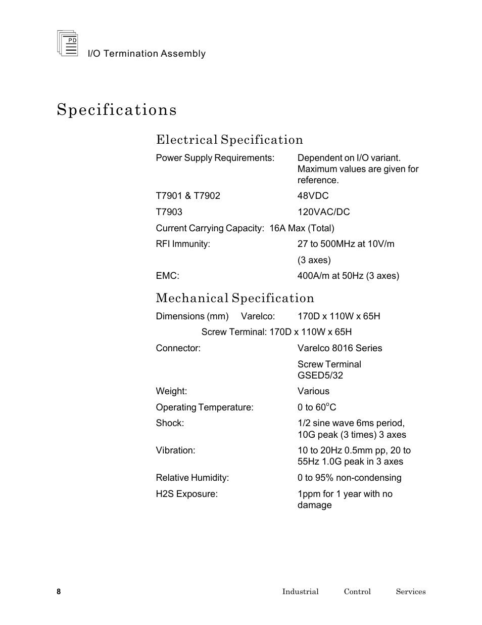 Specifications, Electrical specification, Mechanical specification | Rockwell Automation T7903 ICS Regent+Plus I/O Termination Assembly (ITA) User Manual | Page 8 / 60