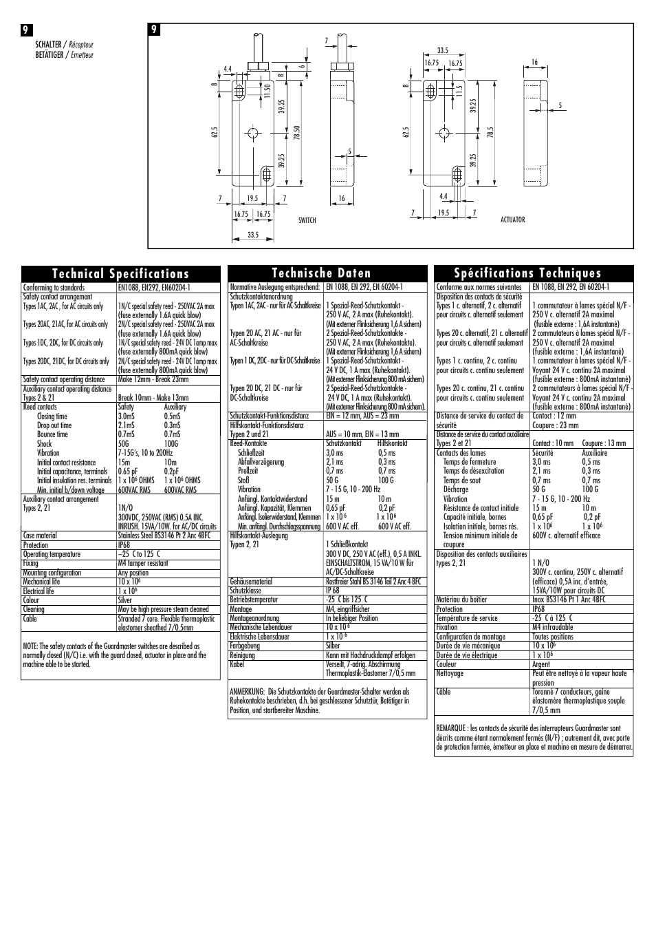 Technical specifications, Technische daten, Spécifications techniques | Rockwell Automation FERROGARD GD2 Magnetically Actuated Interlock Switch User Manual | Page 3 / 4
