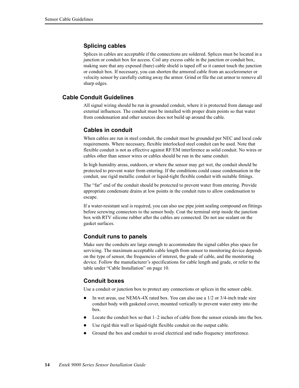 Cable conduit guidelines, Splicing cables | Rockwell Automation 9000 Series Sensor User Manual | Page 22 / 30