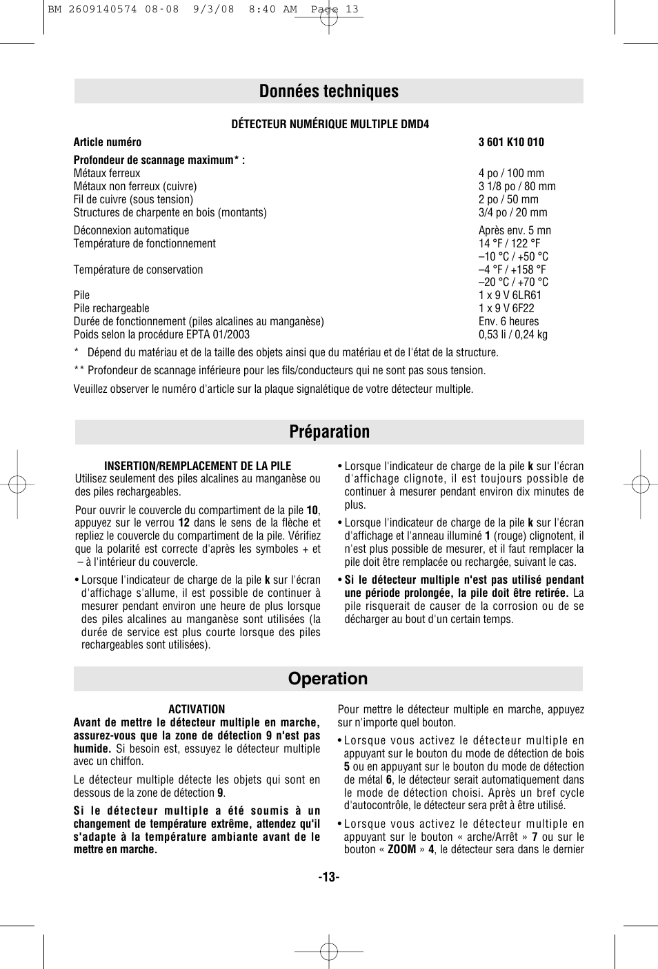 Préparation données techniques, Operation | Bosch Multi-Detector DMD4 User Manual | Page 13 / 32