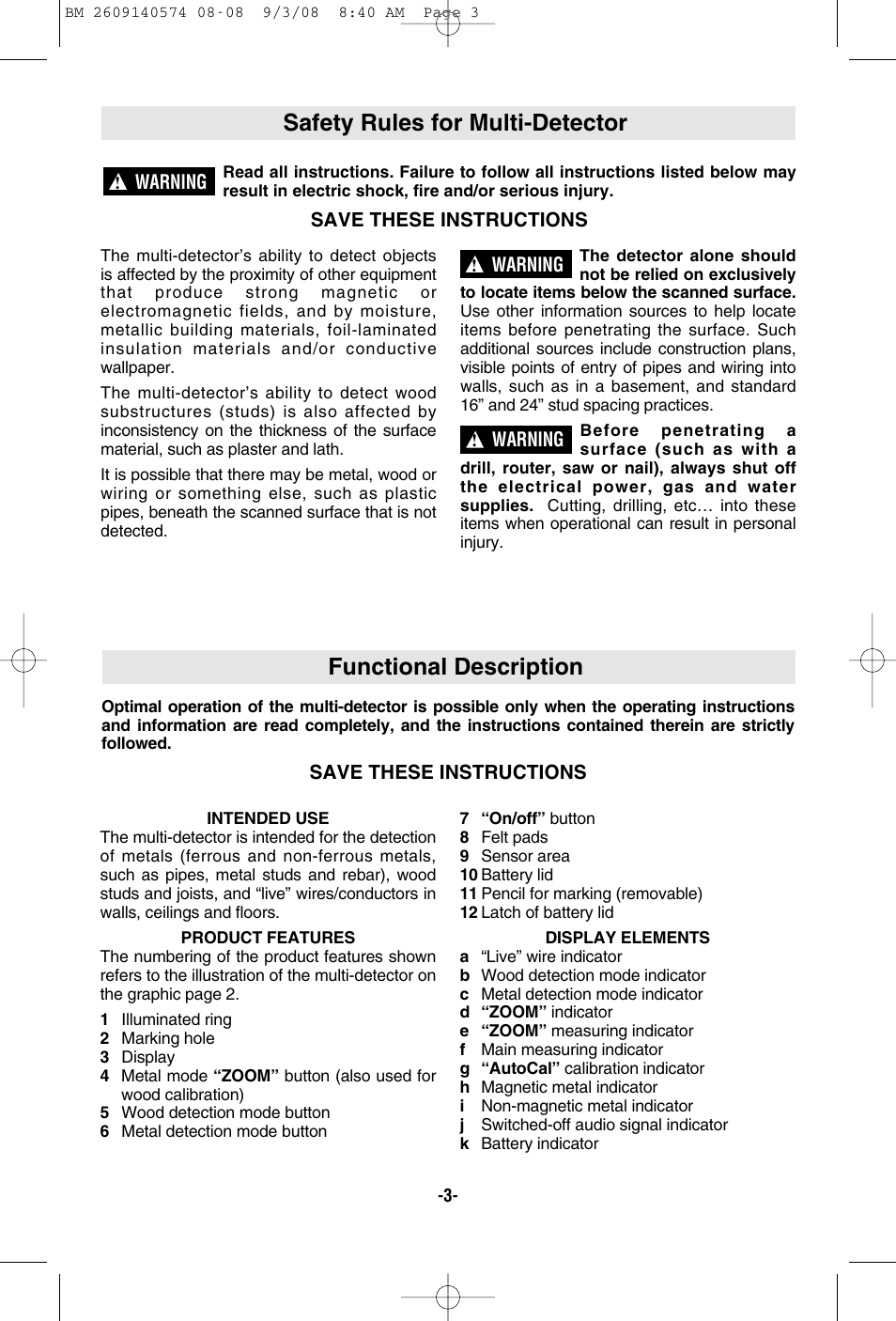 Functional description, Safety rules for multi-detector | Bosch Multi-Detector DMD4 User Manual | Page 3 / 32