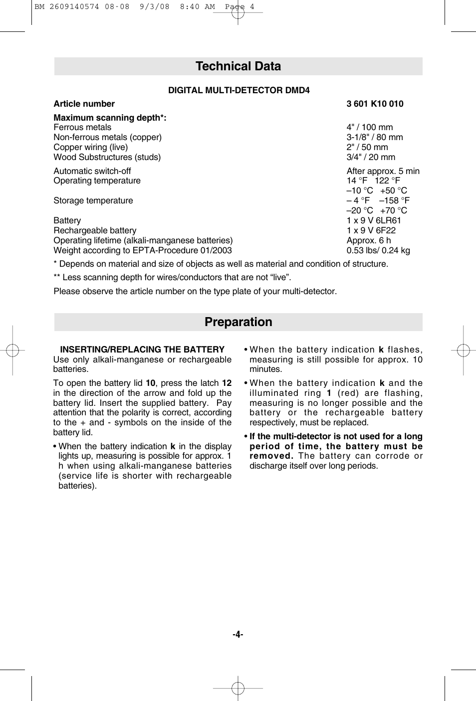 Preparation, Technical data | Bosch Multi-Detector DMD4 User Manual | Page 4 / 32