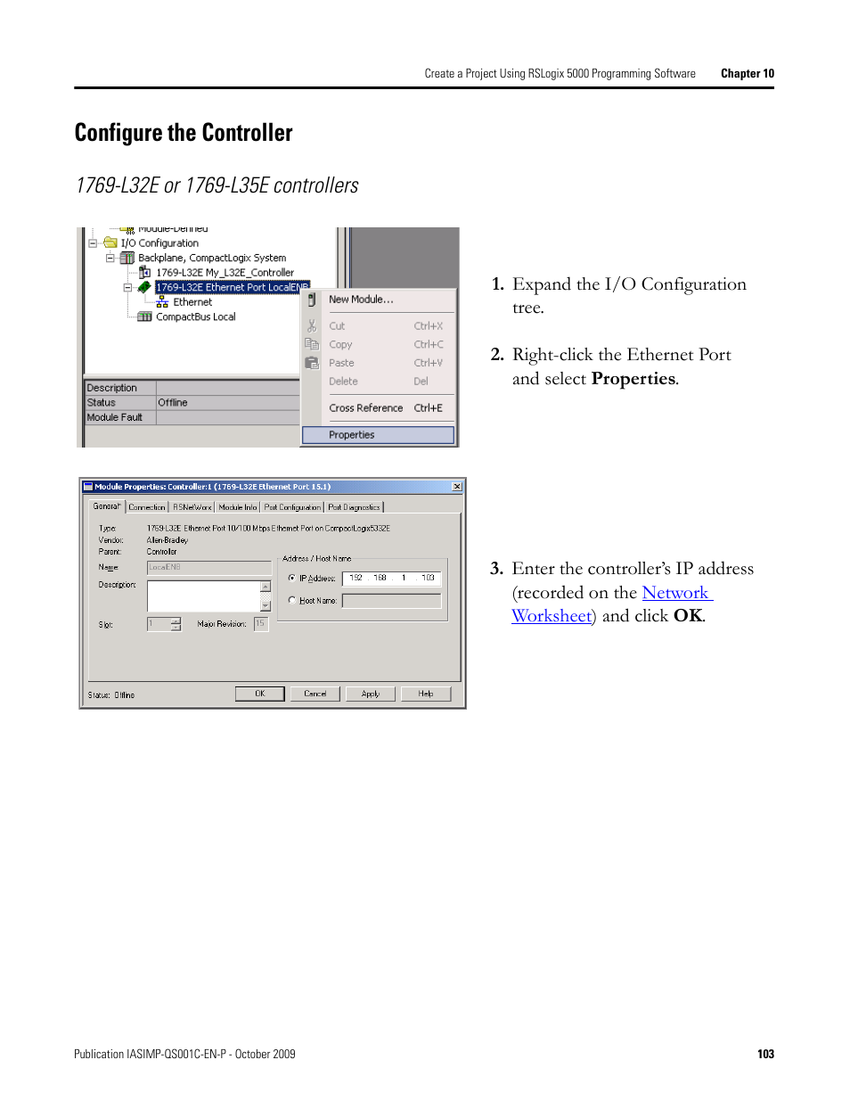 Configure the controller, Configure the, Controller | Rockwell Automation 1769-L3xx CompactLogix System Quick Start User Manual | Page 103 / 219