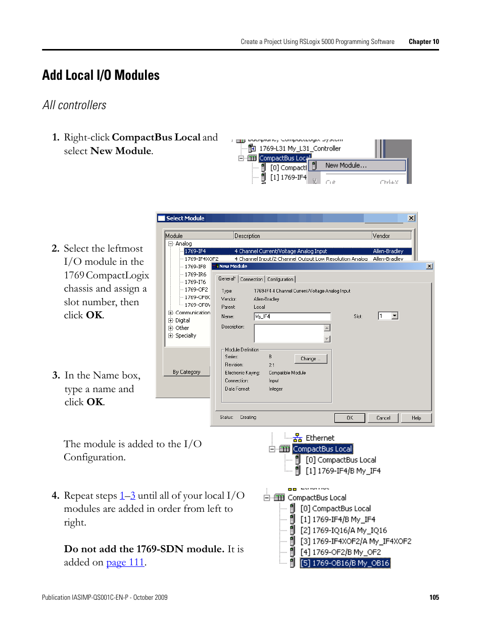 Add local i/o modules, Add local i/o, Modules | All controllers | Rockwell Automation 1769-L3xx CompactLogix System Quick Start User Manual | Page 105 / 219