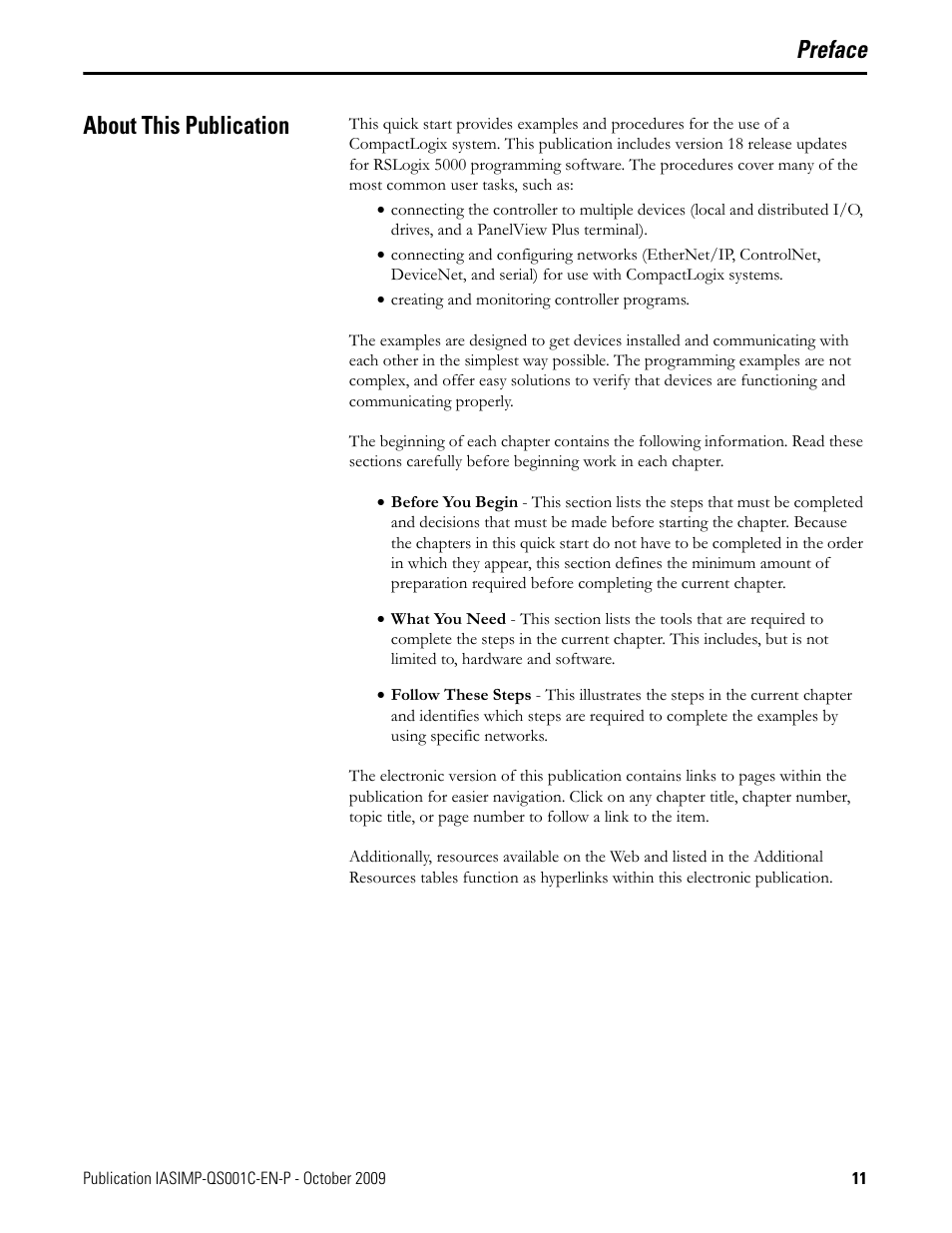 About this publication, Preface, Preface about this publication | Rockwell Automation 1769-L3xx CompactLogix System Quick Start User Manual | Page 11 / 219