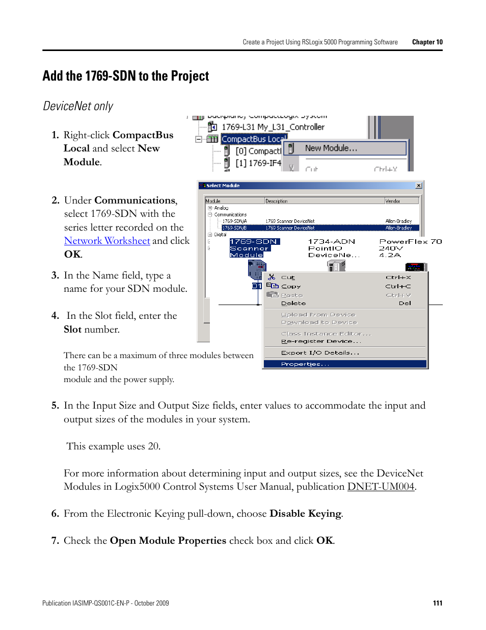 Add the 1769-sdn to the project, Add the 1769-sdn, To the project | Devicenet only | Rockwell Automation 1769-L3xx CompactLogix System Quick Start User Manual | Page 111 / 219