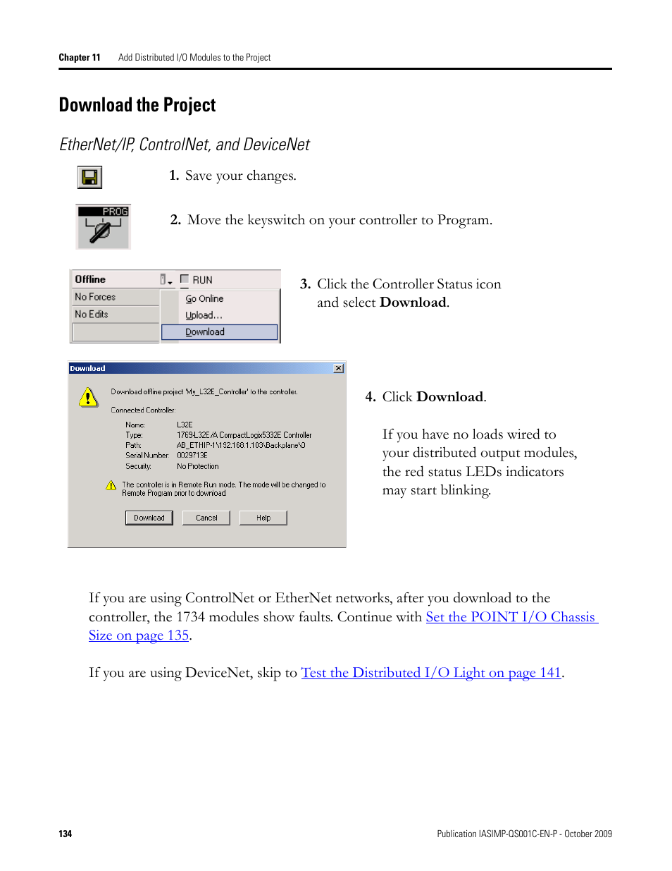 Download the project, Download the, Project | Go to, Ethernet/ip, controlnet, and devicenet | Rockwell Automation 1769-L3xx CompactLogix System Quick Start User Manual | Page 134 / 219