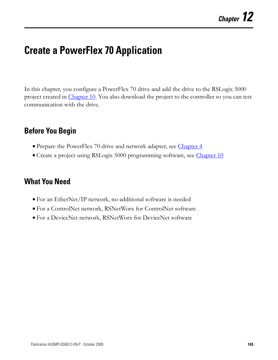 Create a powerflex 70 application, Before you begin, What you need | Chapter 12, Create a powerflex 70, Application, Before you begin what you need | Rockwell Automation 1769-L3xx CompactLogix System Quick Start User Manual | Page 143 / 219