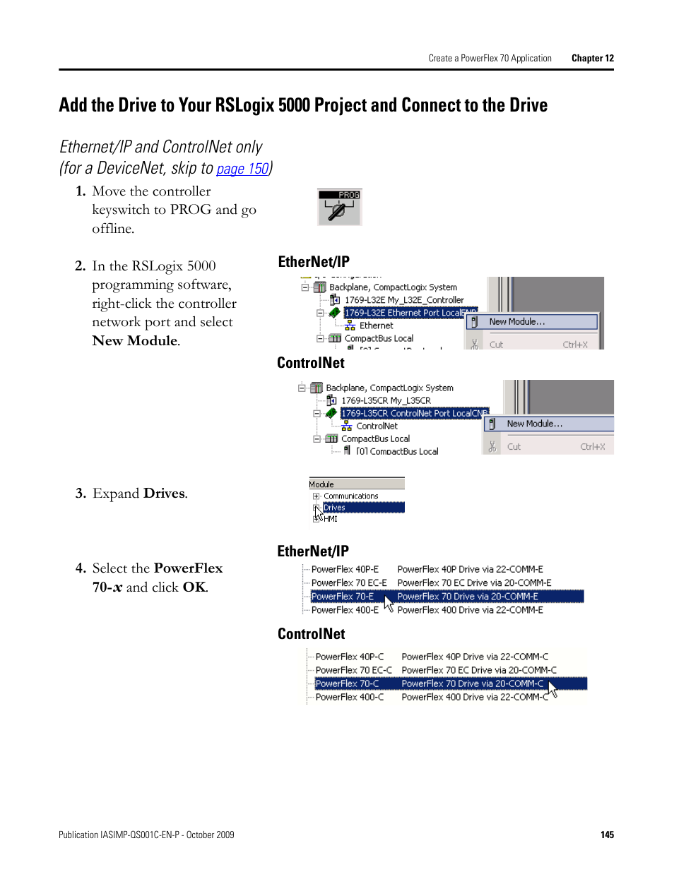 Add the drive to, Your rslogix 5000, Project and | Connect to the, Drive | Rockwell Automation 1769-L3xx CompactLogix System Quick Start User Manual | Page 145 / 219