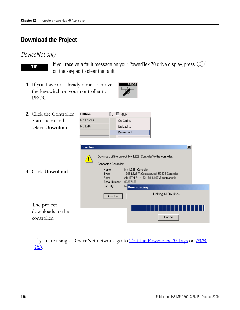 Download the project, Download the, Project | Devicenet only | Rockwell Automation 1769-L3xx CompactLogix System Quick Start User Manual | Page 156 / 219