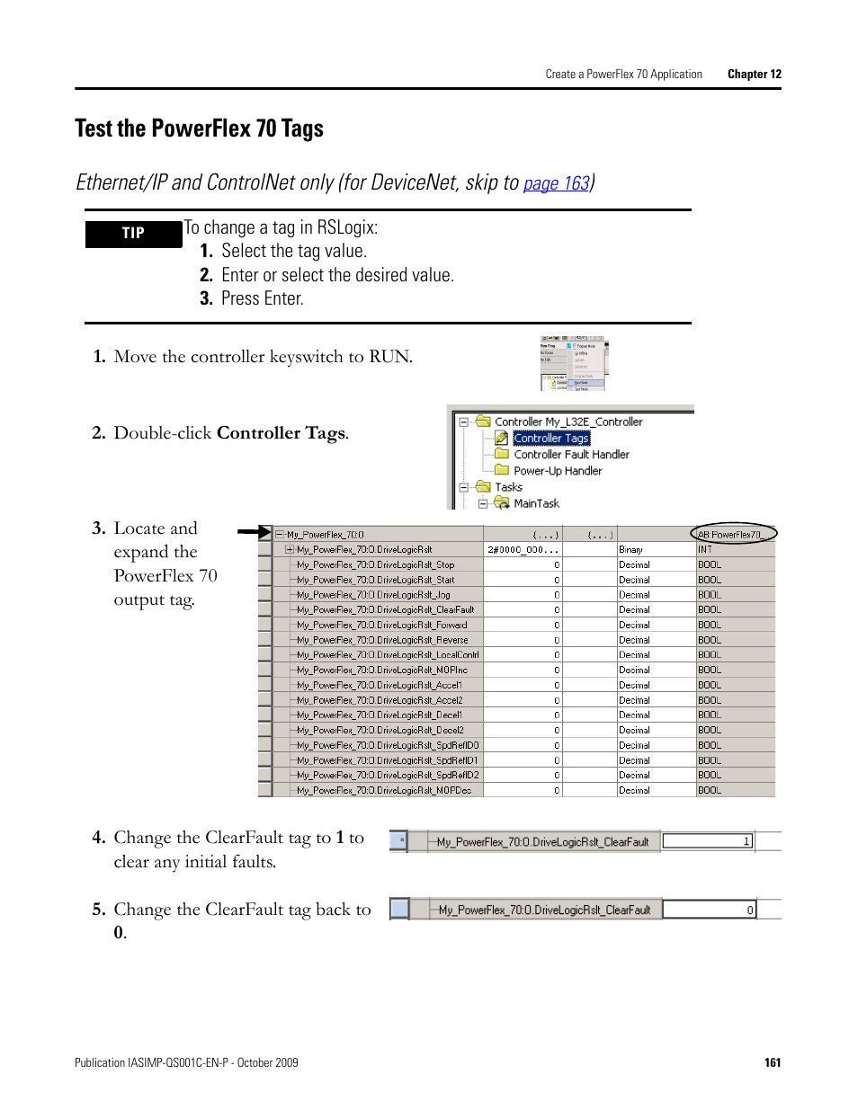 Test the powerflex 70 tags, Test the powerflex, 70 tags | O to | Rockwell Automation 1769-L3xx CompactLogix System Quick Start User Manual | Page 161 / 219