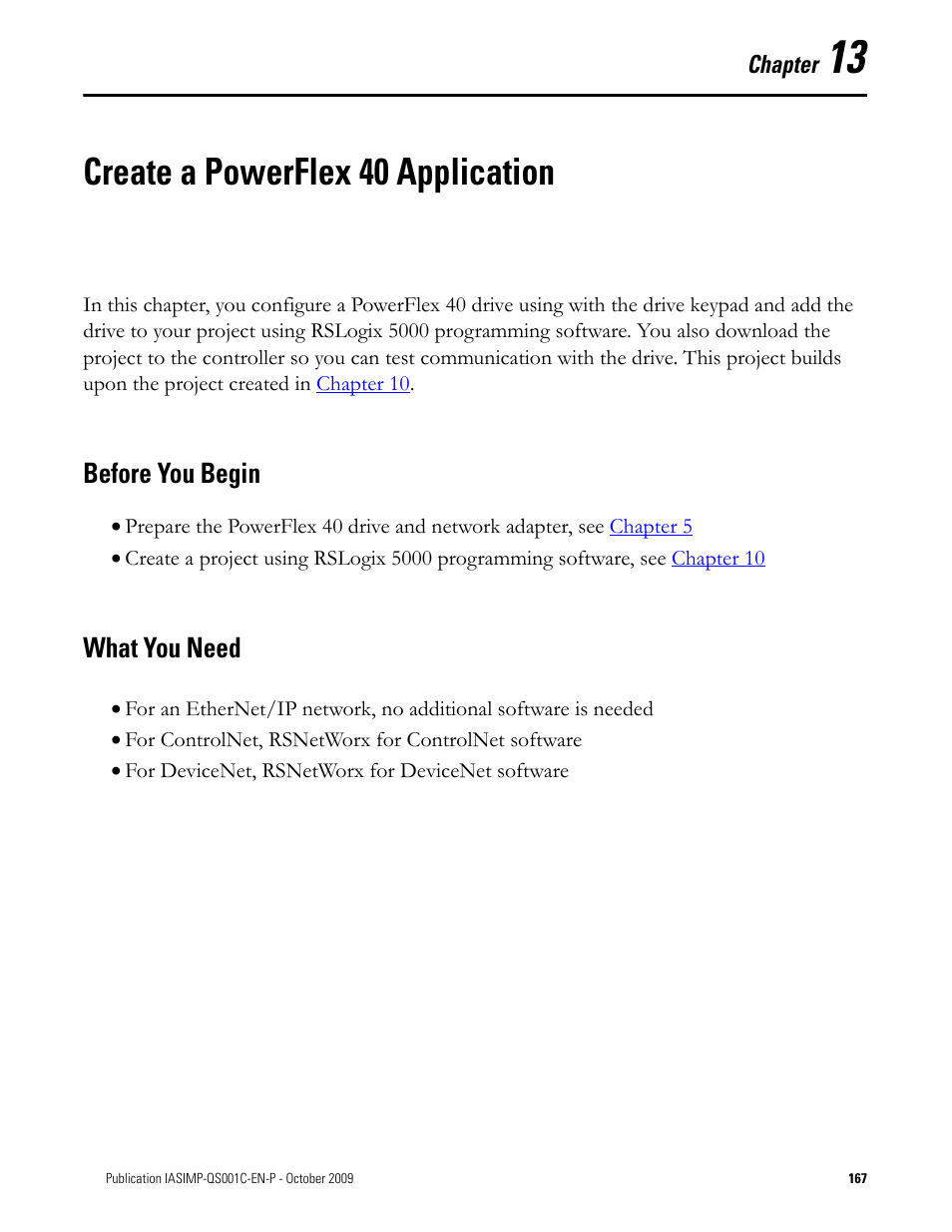 Create a powerflex 40 application, Before you begin, What you need | Chapter 13, Create a powerflex 40, Application, Before you begin what you need | Rockwell Automation 1769-L3xx CompactLogix System Quick Start User Manual | Page 167 / 219