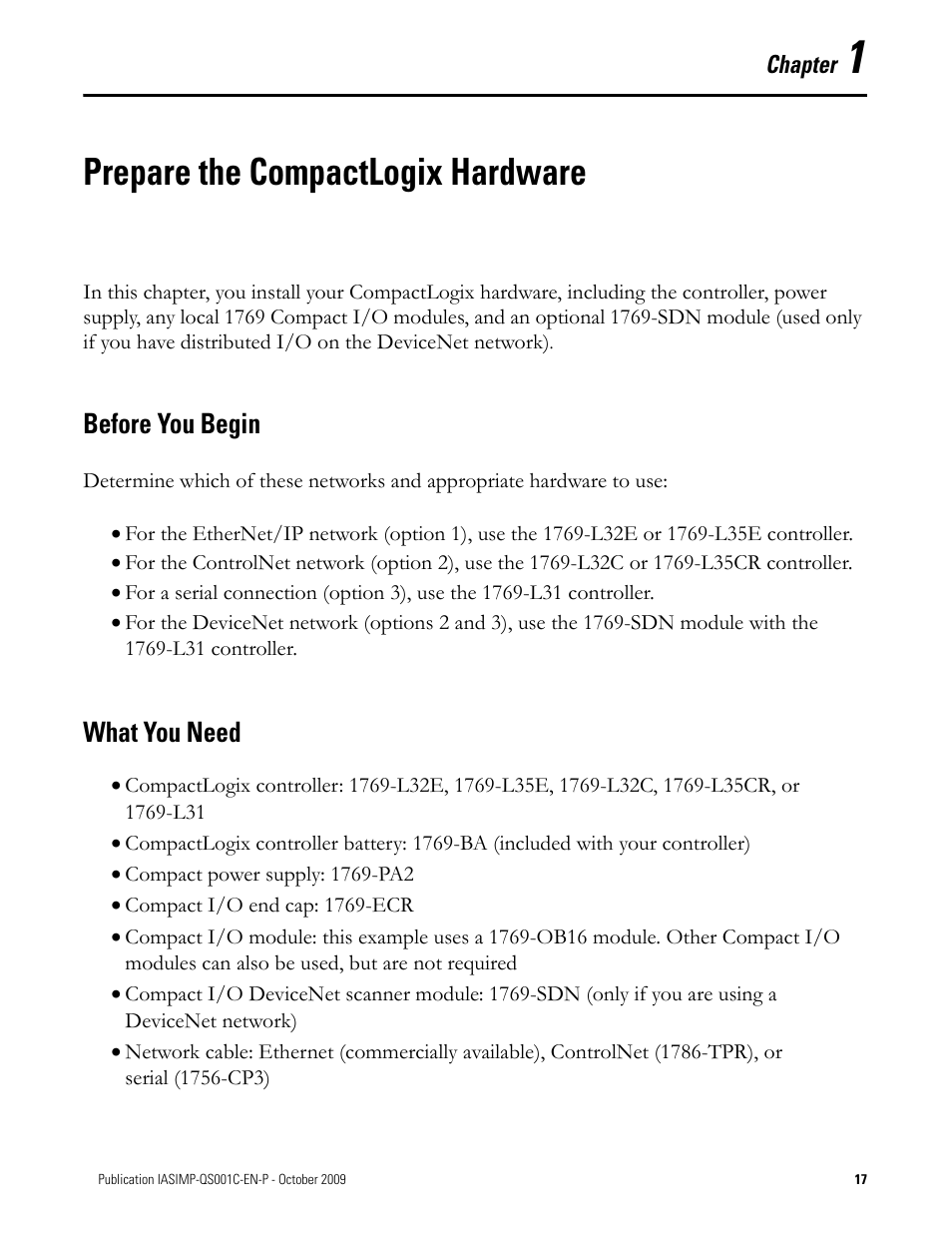 Prepare the compactlogix hardware, Before you begin, What you need | Chapter 1, Before you begin what you need | Rockwell Automation 1769-L3xx CompactLogix System Quick Start User Manual | Page 17 / 219