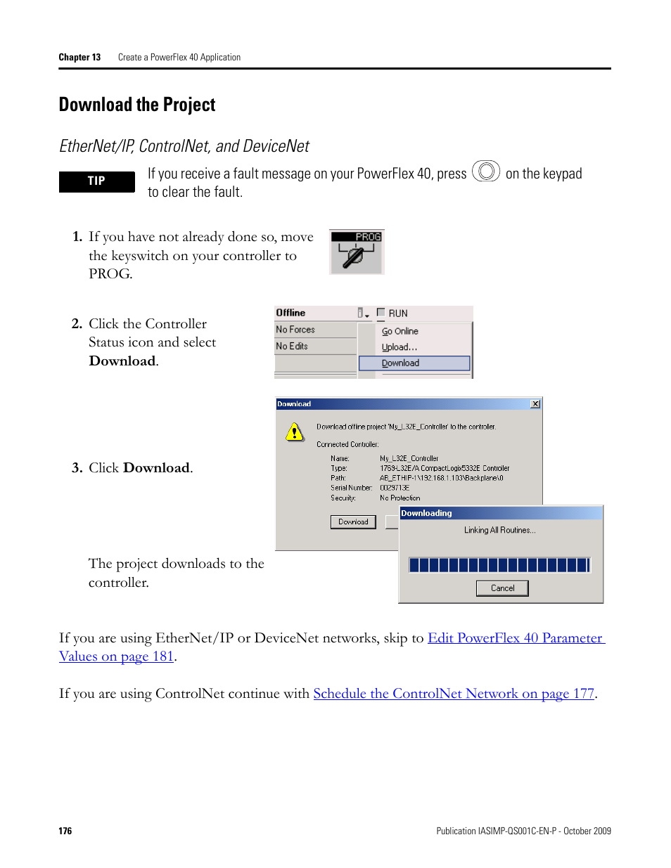 Download the project, Project, Ethernet/ip, controlnet, and devicenet | Rockwell Automation 1769-L3xx CompactLogix System Quick Start User Manual | Page 176 / 219