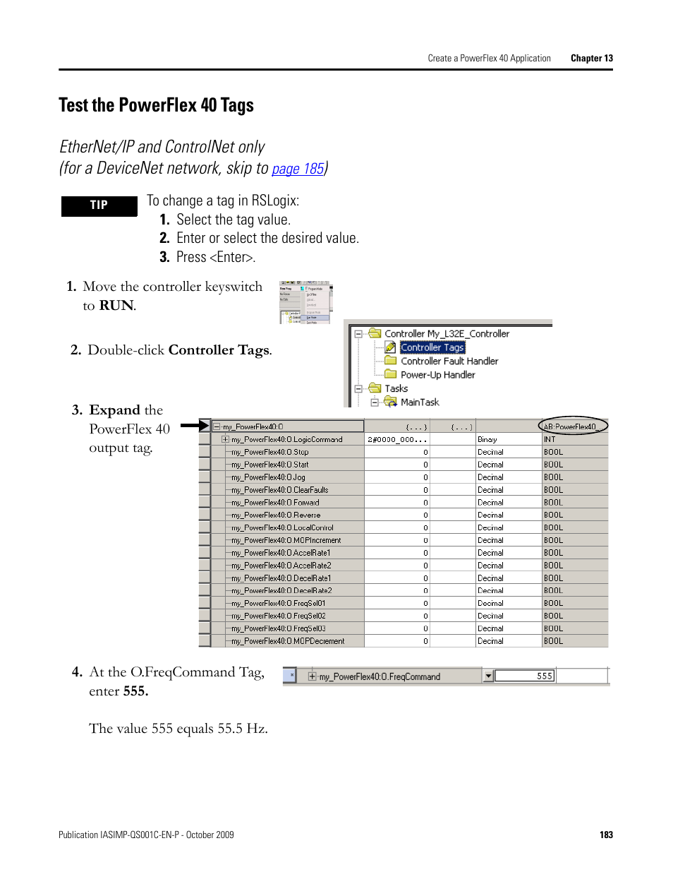 Test the powerflex 40 tags, Test the powerflex, 40 tags | O to | Rockwell Automation 1769-L3xx CompactLogix System Quick Start User Manual | Page 183 / 219