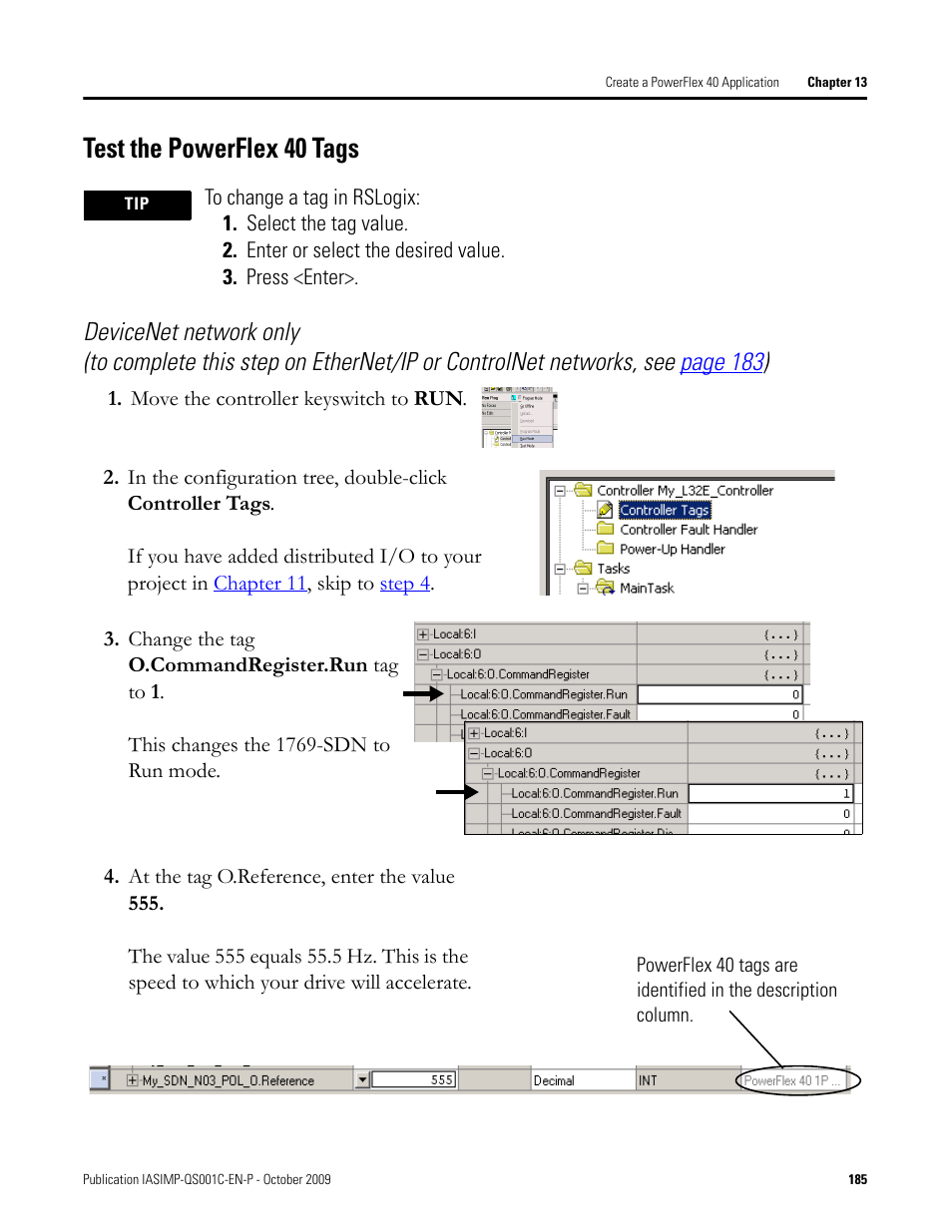 Test the powerflex 40 tags, O to | Rockwell Automation 1769-L3xx CompactLogix System Quick Start User Manual | Page 185 / 219