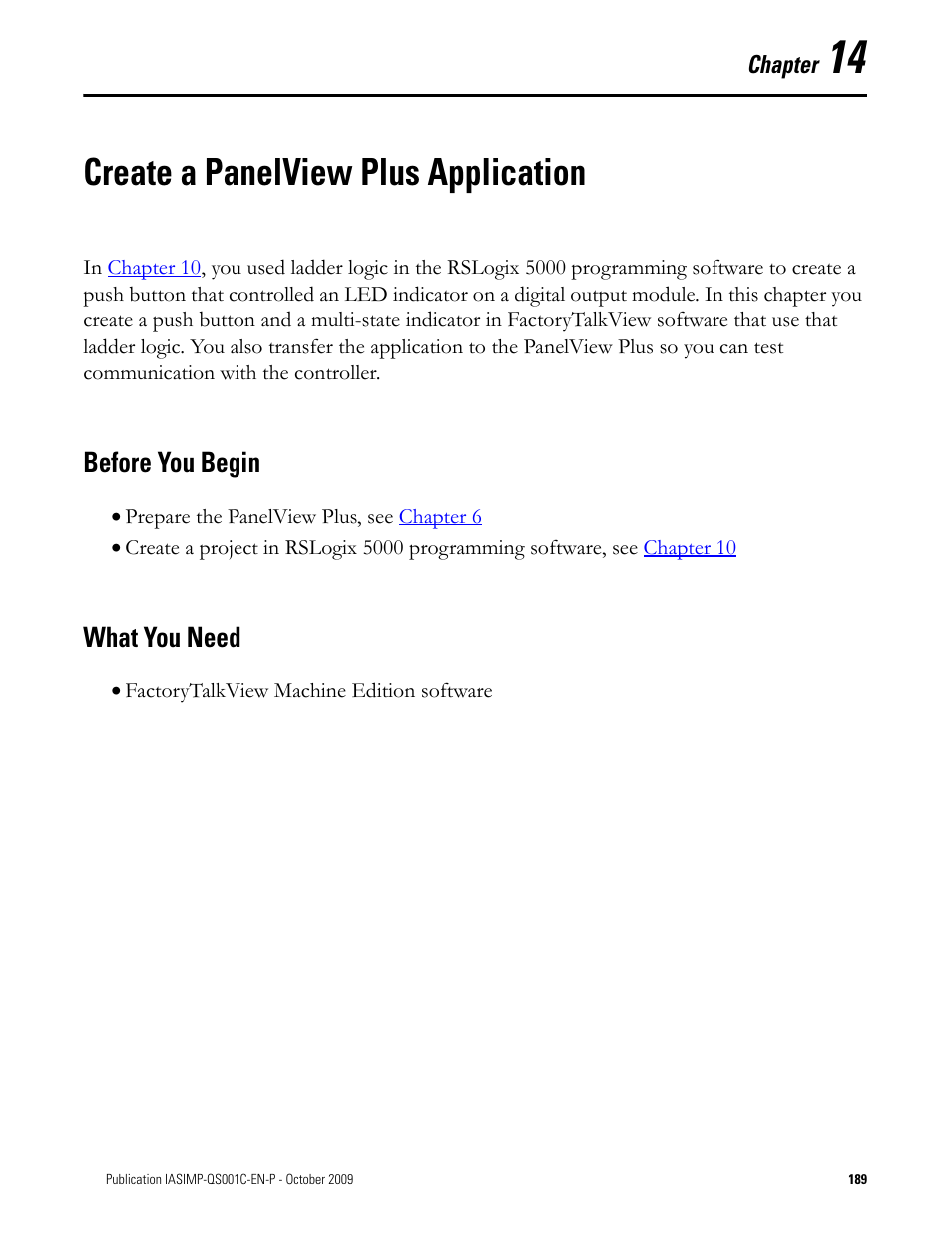 Create a panelview plus application, Before you begin, What you need | Chapter 14, Create a panelview plus, Application, Before you begin what you need | Rockwell Automation 1769-L3xx CompactLogix System Quick Start User Manual | Page 189 / 219