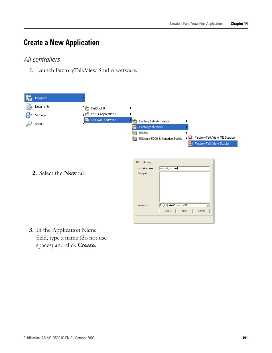 Create a new application, Create a new, Application | All controllers | Rockwell Automation 1769-L3xx CompactLogix System Quick Start User Manual | Page 191 / 219