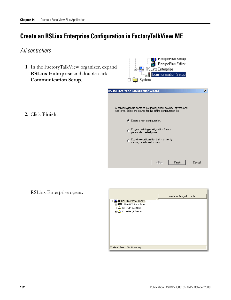 Create an rslinx enterprise configuration in, Create an rslinx, Enterprise | Configuration in, Factorytalkview me, All controllers | Rockwell Automation 1769-L3xx CompactLogix System Quick Start User Manual | Page 192 / 219