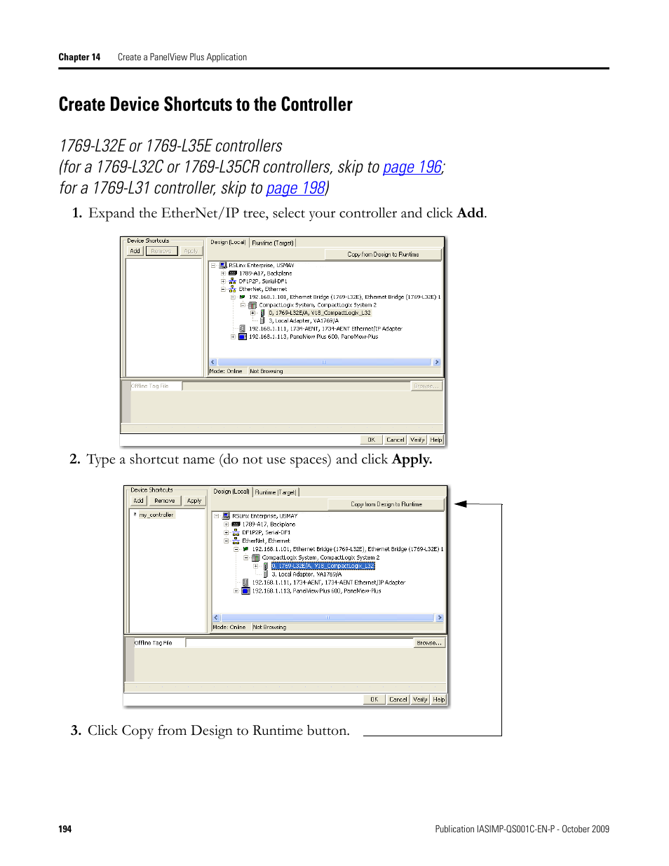 Create device shortcuts to the controller, Create device, Shortcuts to the | Controller | Rockwell Automation 1769-L3xx CompactLogix System Quick Start User Manual | Page 194 / 219