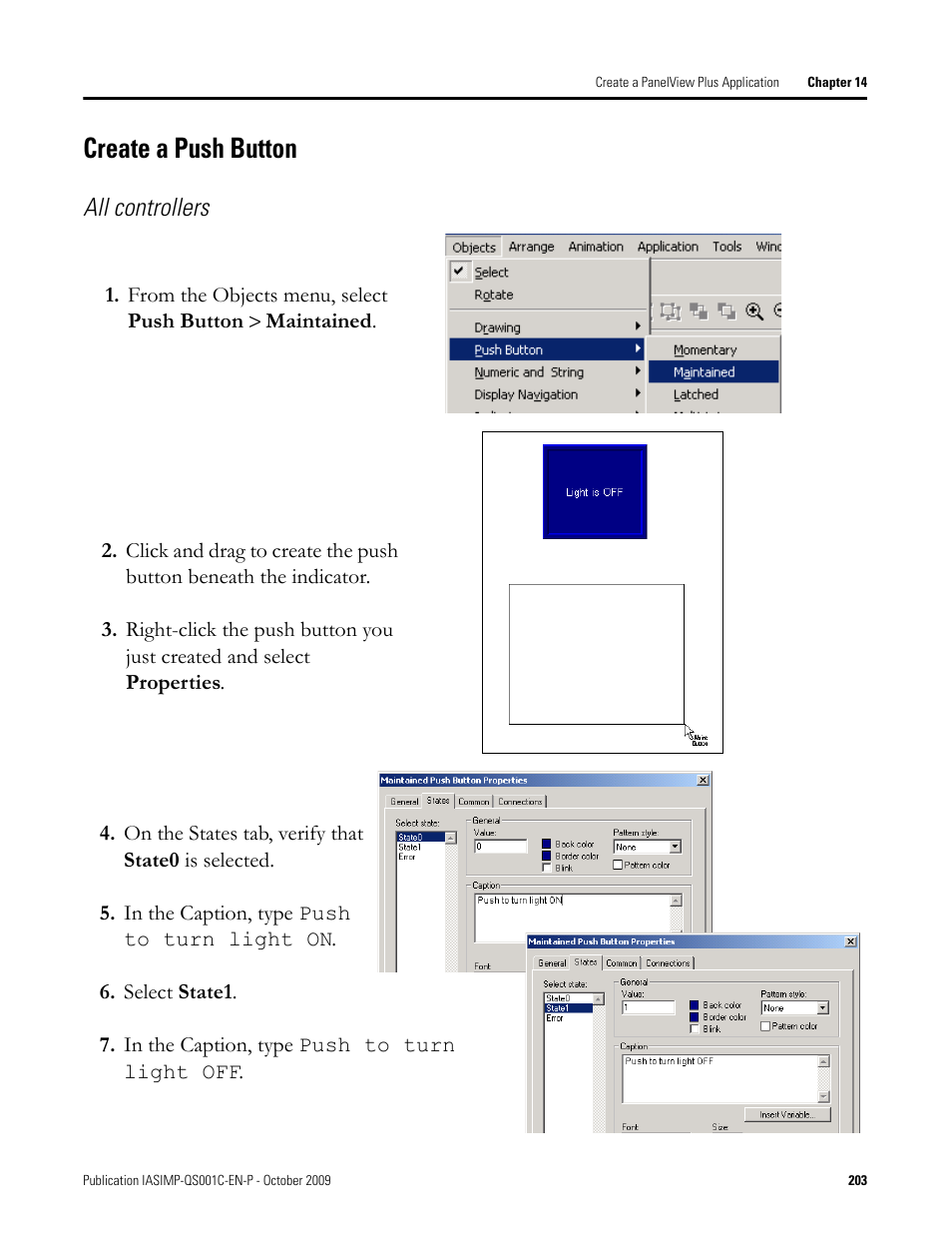 Create a push button, Create a push, Button | All controllers | Rockwell Automation 1769-L3xx CompactLogix System Quick Start User Manual | Page 203 / 219