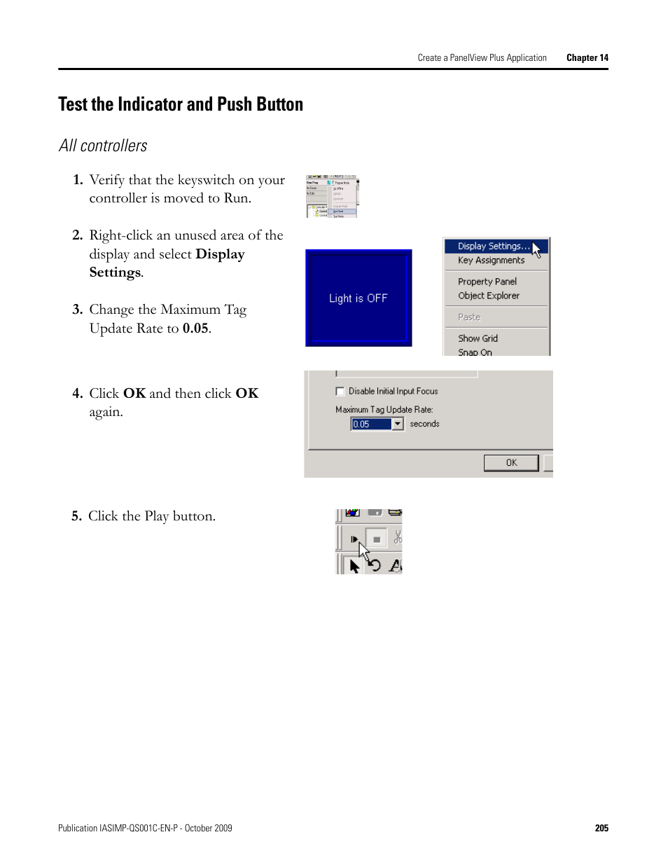 Test the indicator and push button, Test the indicator, And push button | All controllers | Rockwell Automation 1769-L3xx CompactLogix System Quick Start User Manual | Page 205 / 219