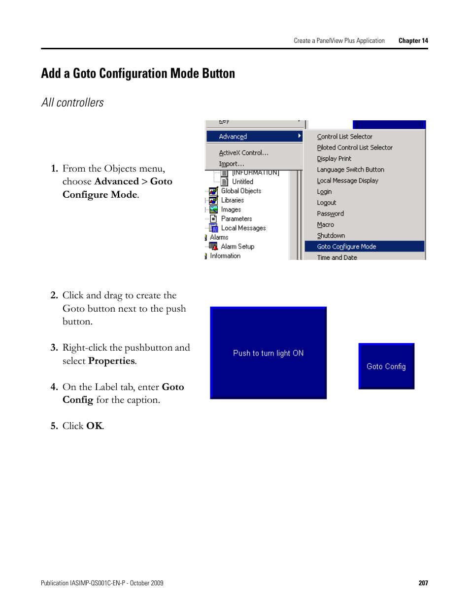Add a goto configuration mode button, Add a goto, Configuration mode | Button, All controllers | Rockwell Automation 1769-L3xx CompactLogix System Quick Start User Manual | Page 207 / 219