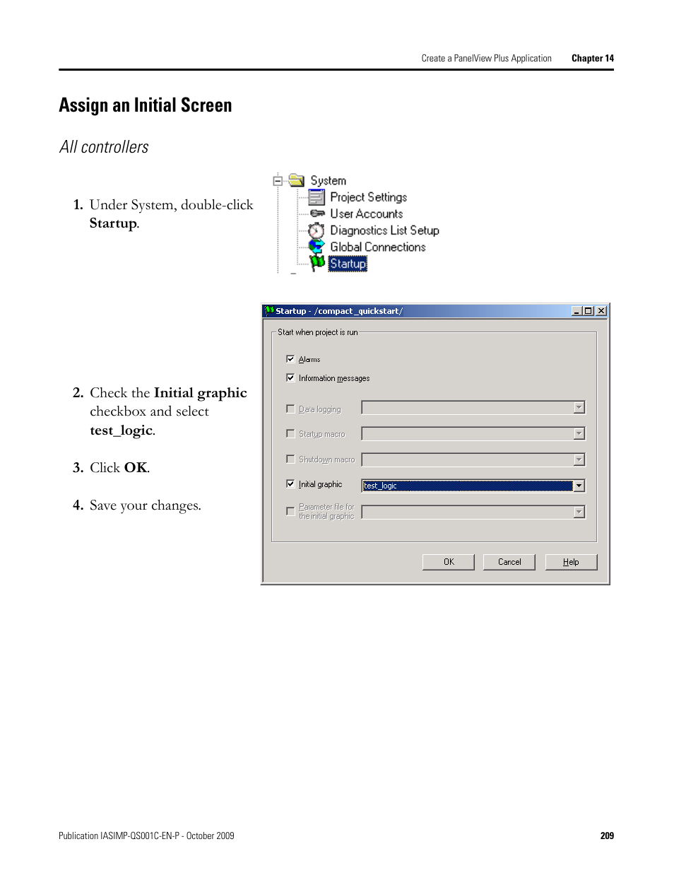 Assign an initial screen, Assign an initial, Screen | All controllers | Rockwell Automation 1769-L3xx CompactLogix System Quick Start User Manual | Page 209 / 219